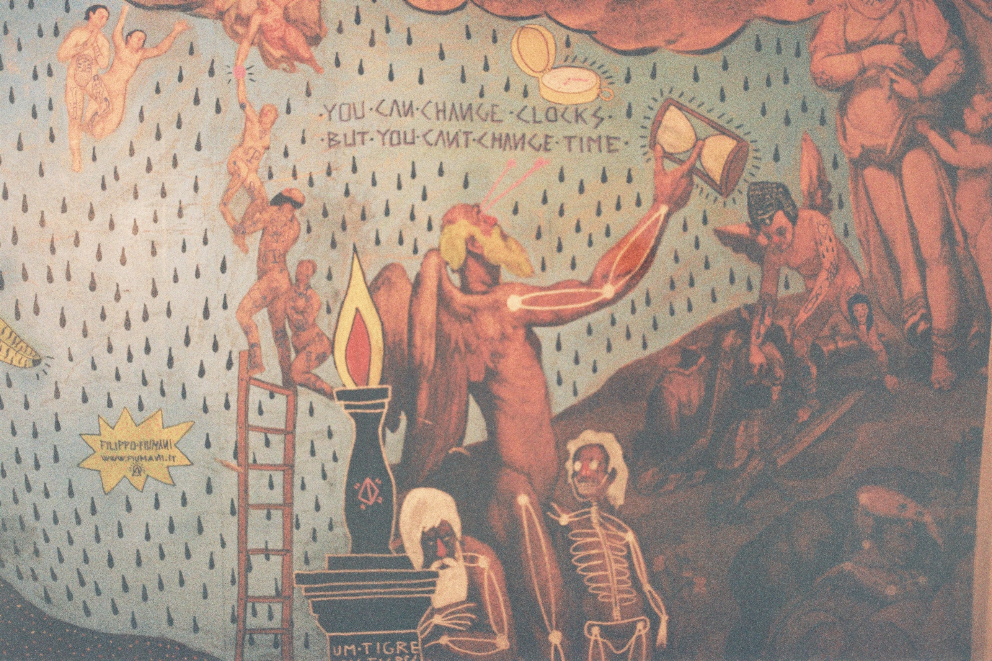 Mural with figures and text about time HD Wallpaper
