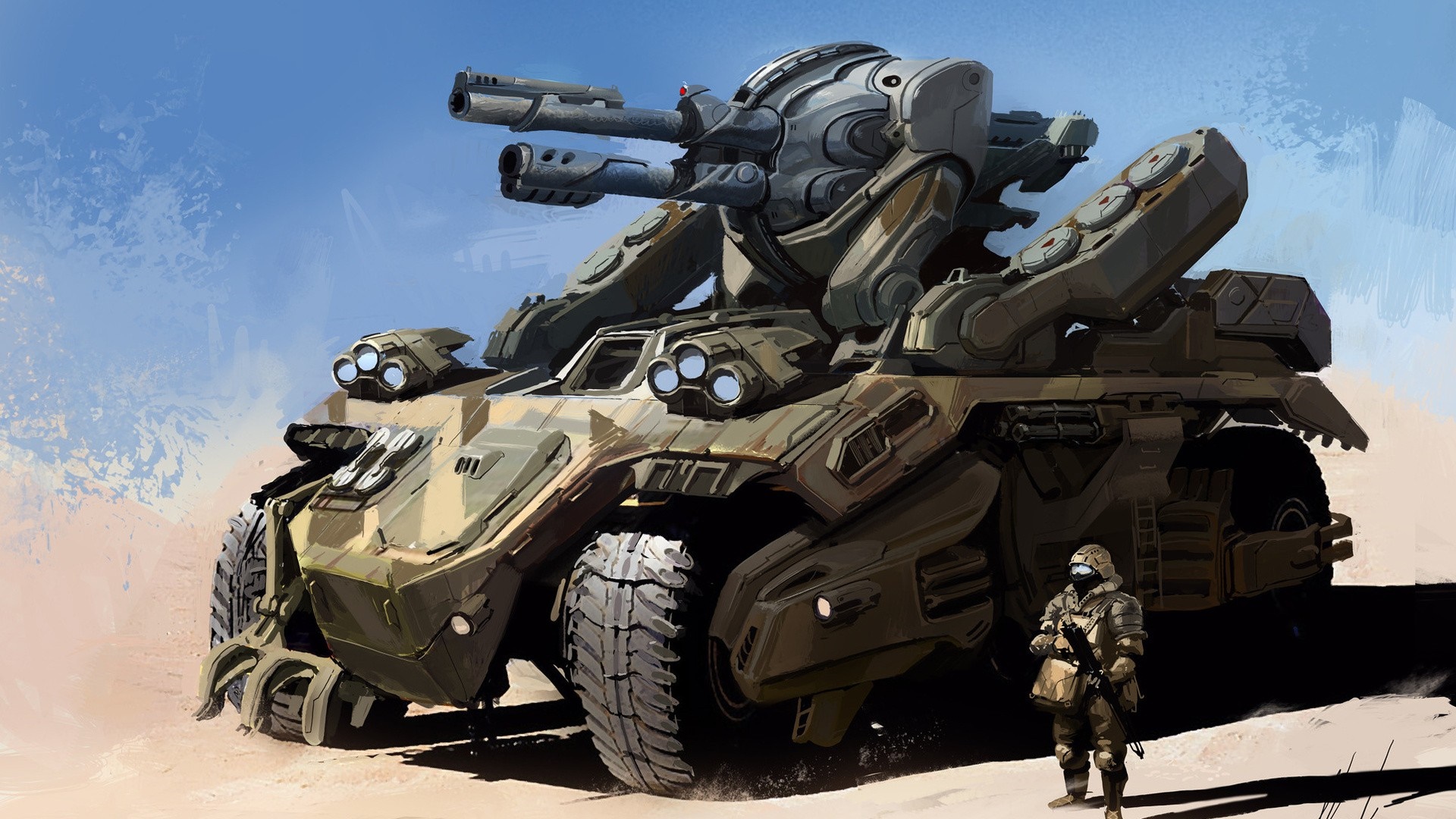 Armored reconnaissance vehicle with soldier in desert HD Wallpaper
