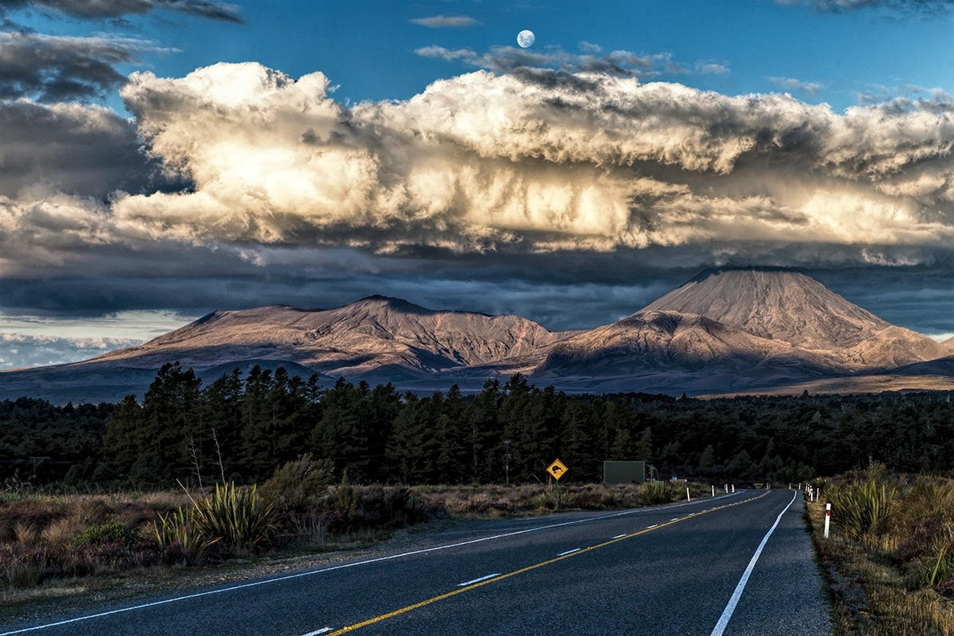 Volcanoes and Moon over a Road in New Zealand HD Wallpaper