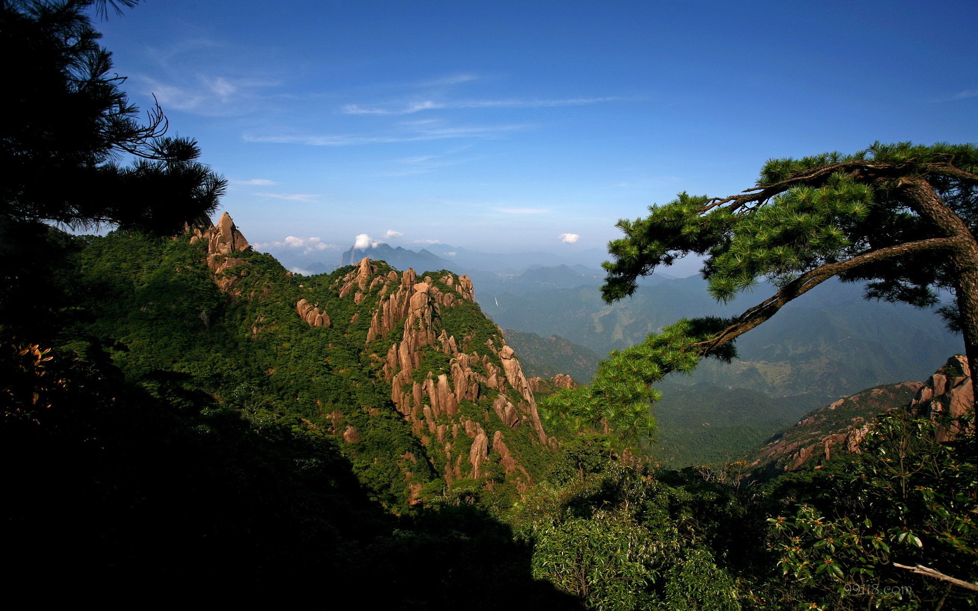 Jagged mountain peaks covered in green trees under a blue sky HD Wallpaper