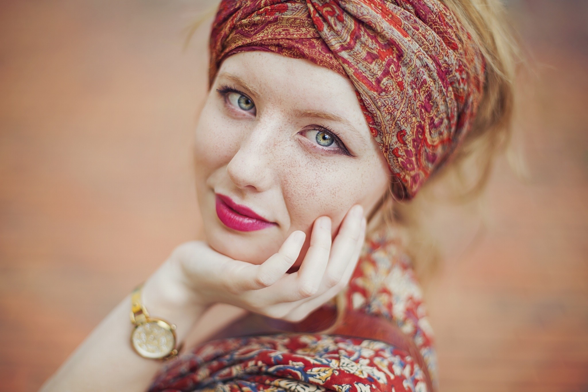 Portrait of Smiling Woman with Red Scarf and Freckles HD Wallpaper