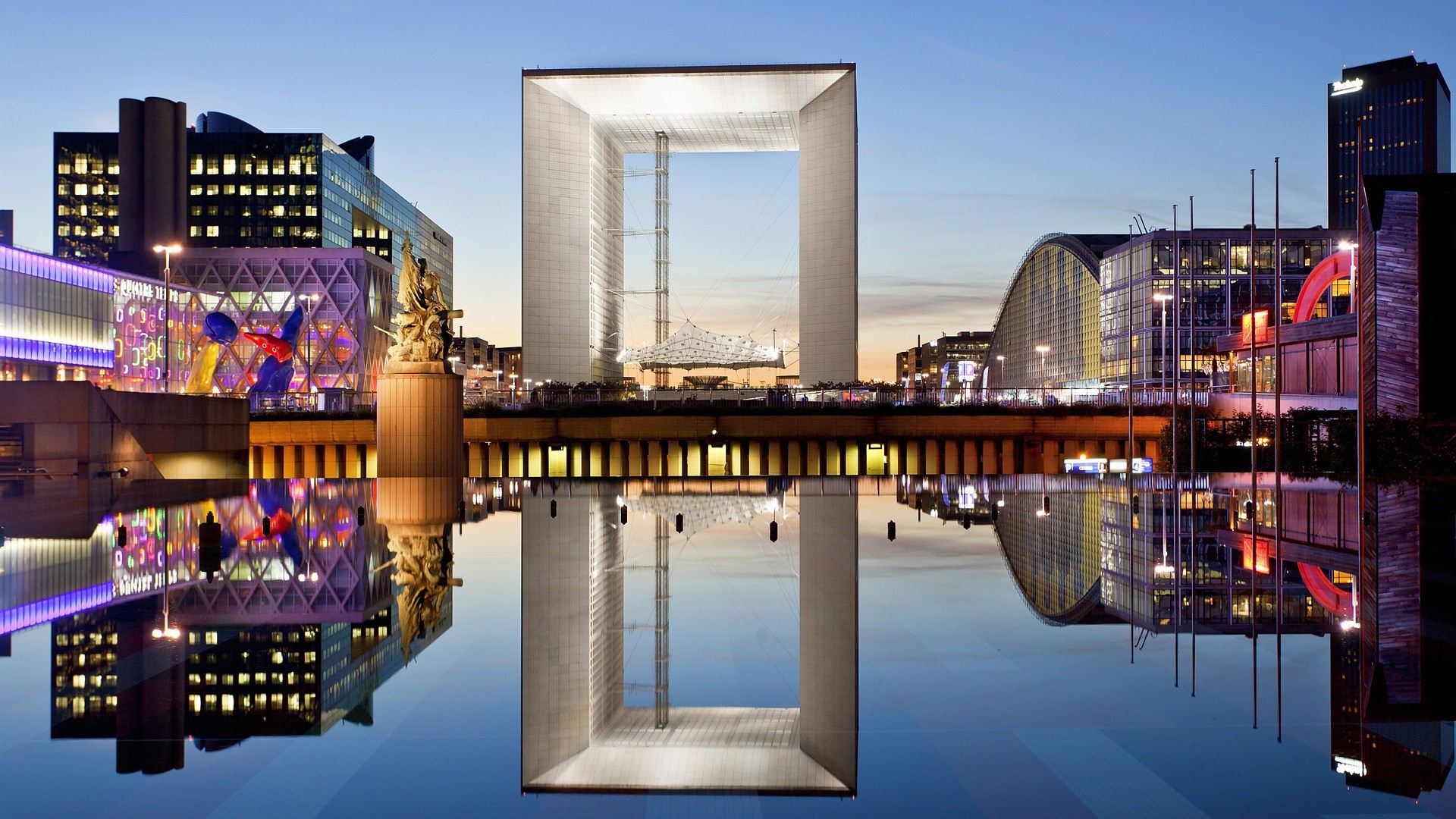 La Défense Grande Arche and cityscape reflection at night HD Wallpaper