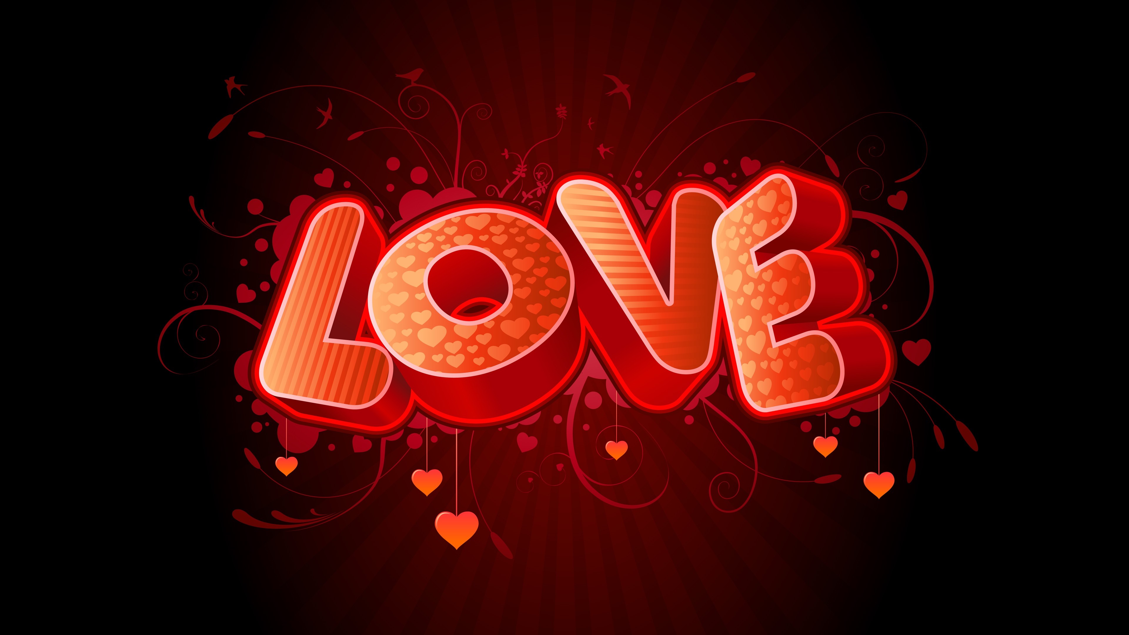 The word LOVE in 3D typography with hearts and floral elements HD Wallpaper