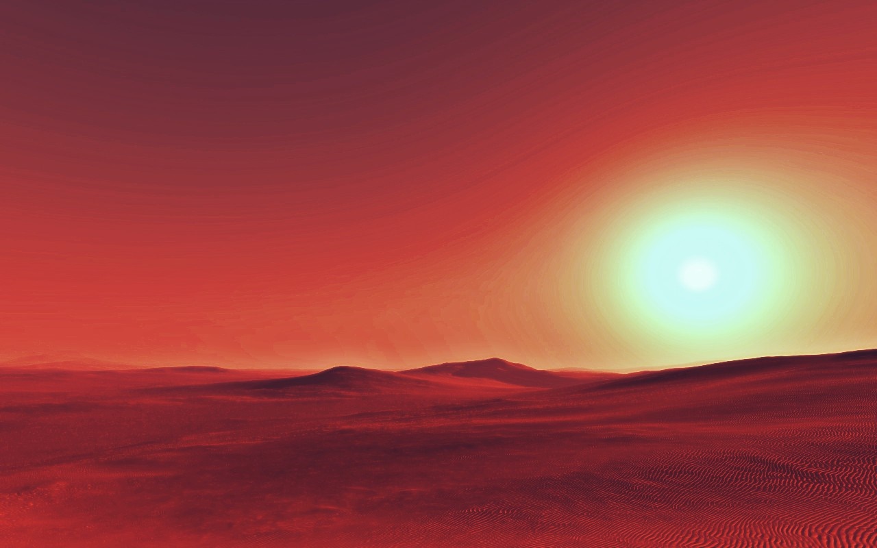 Red desert landscape with a bright sun on the horizon HD Wallpaper