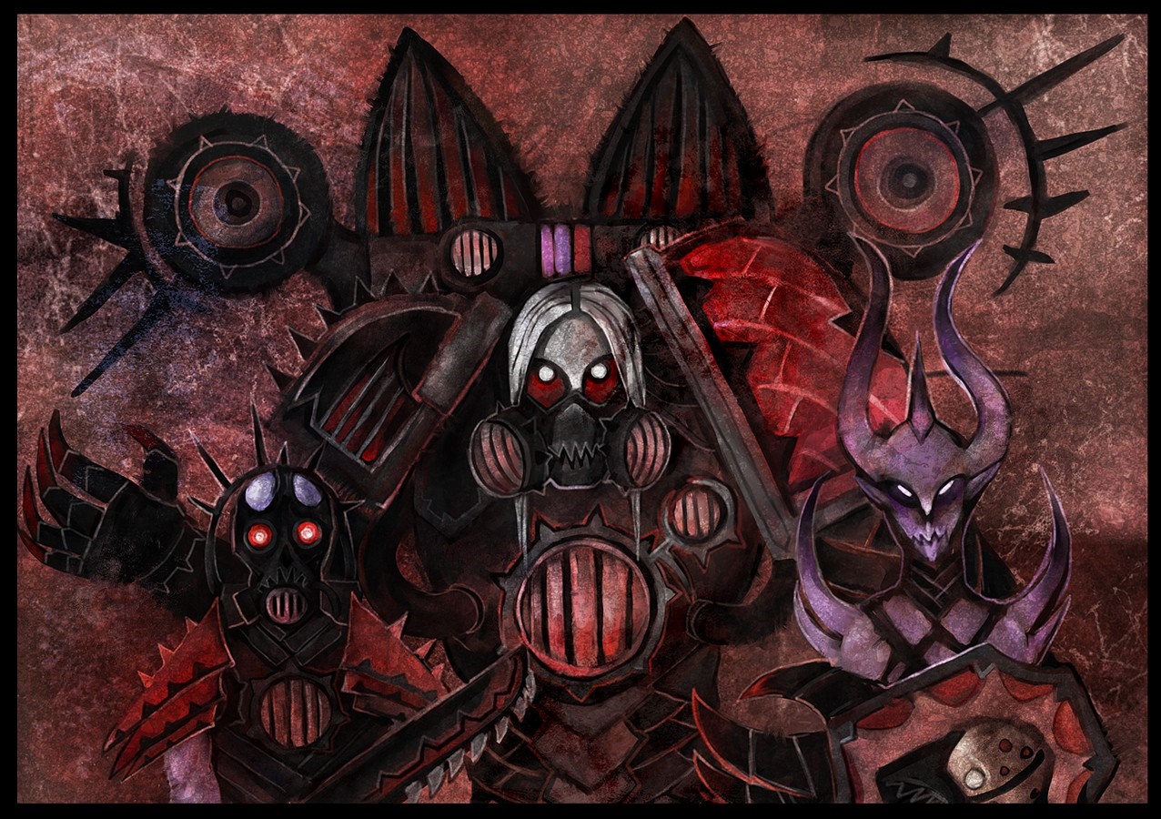 Warhammer 40,000 characters with gas masks and horns HD Wallpaper