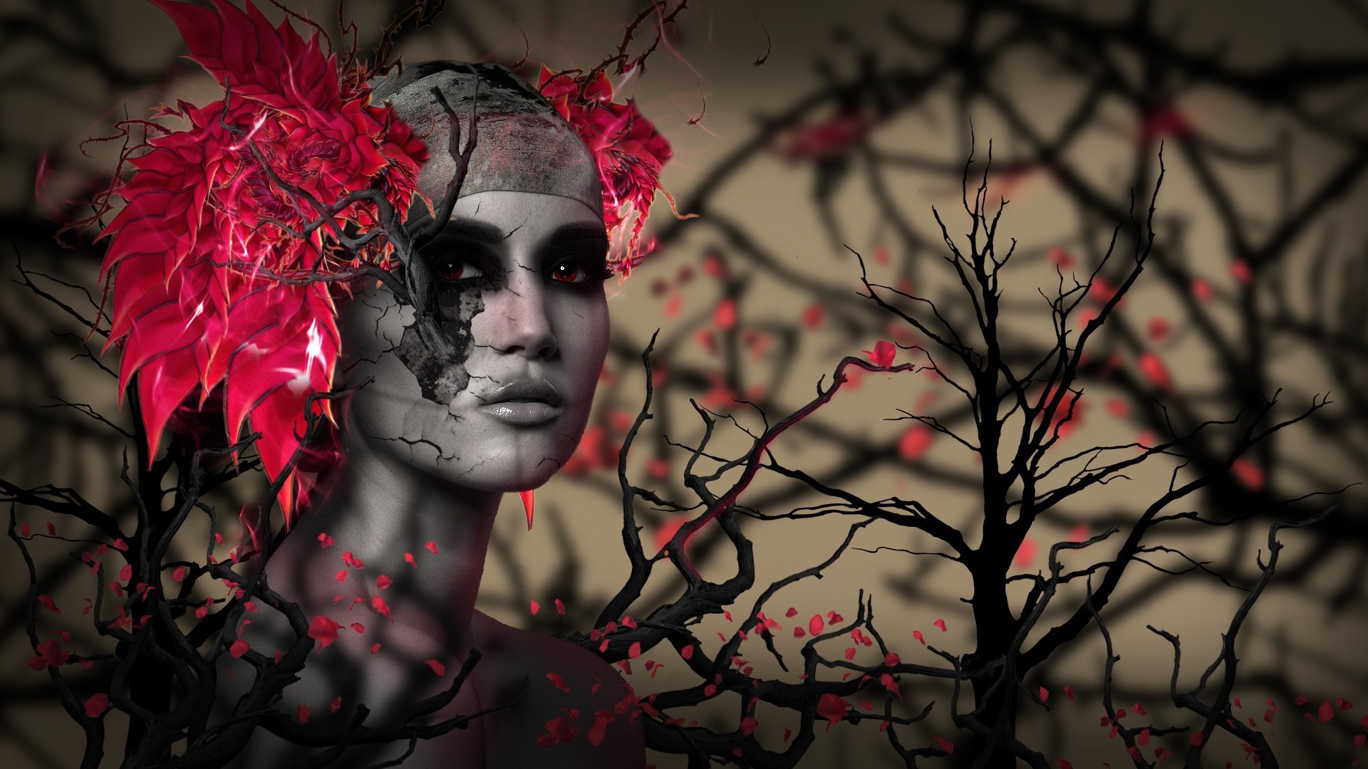 Woman with red leaves and cracked face in dark forest HD Wallpaper