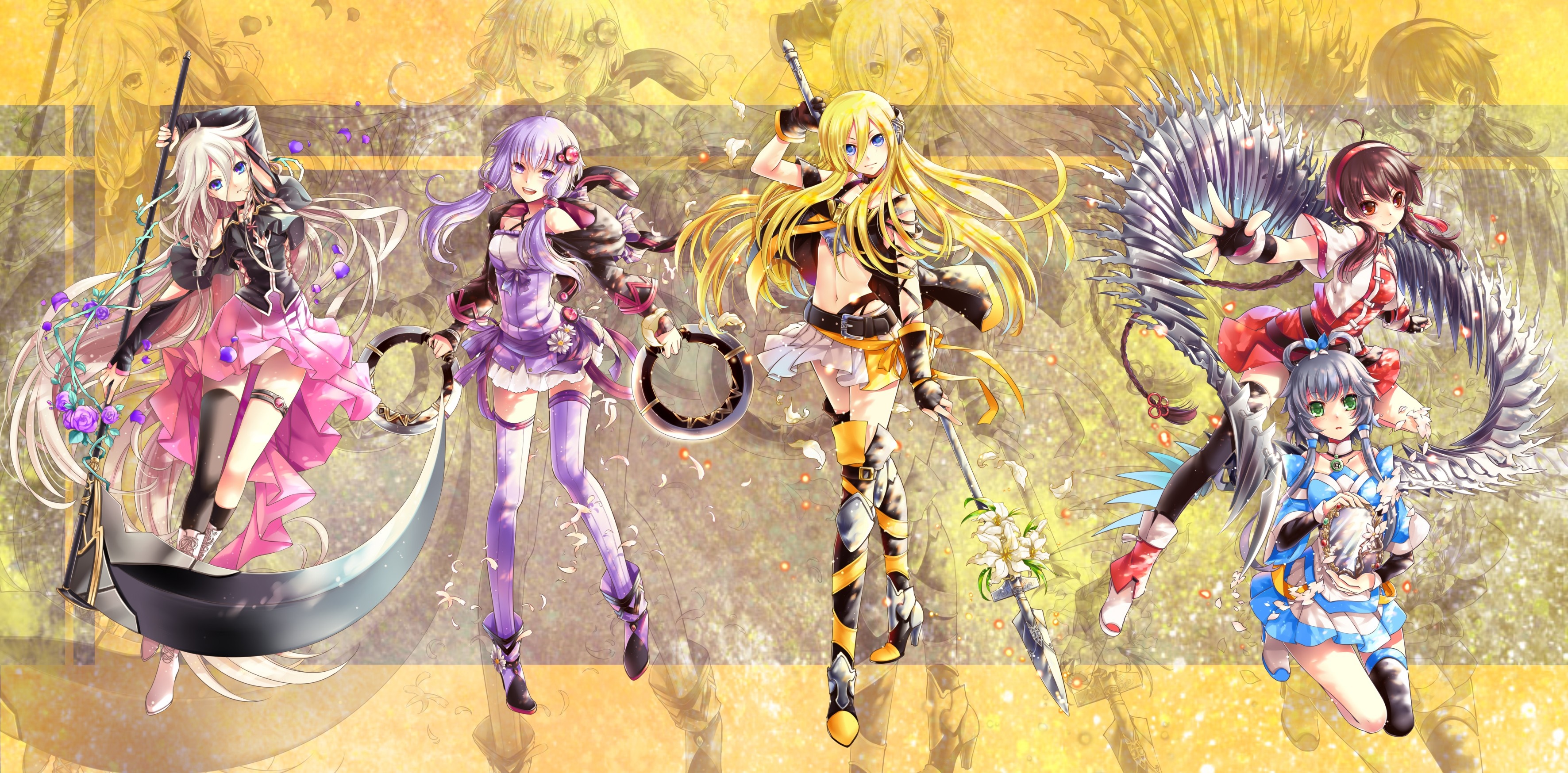 Five anime girls with weapons and wings HD Wallpaper