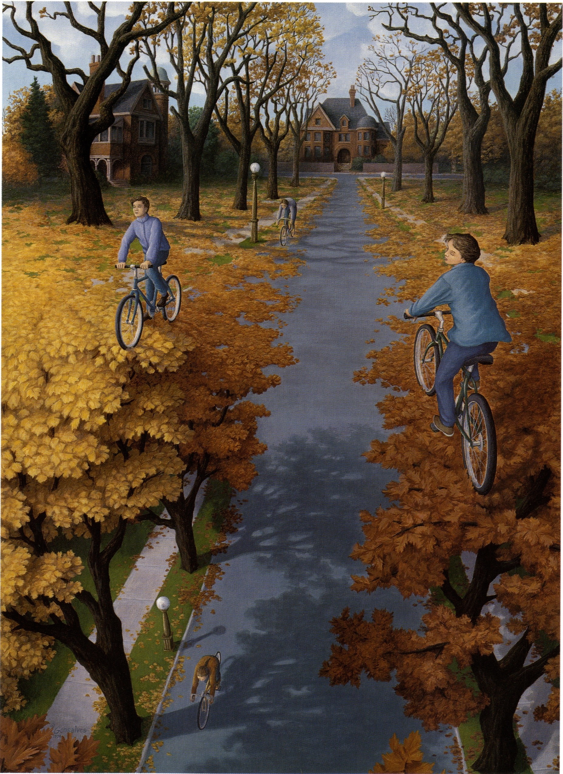 Children cycling on a tree-lined path in autumn HD Wallpaper