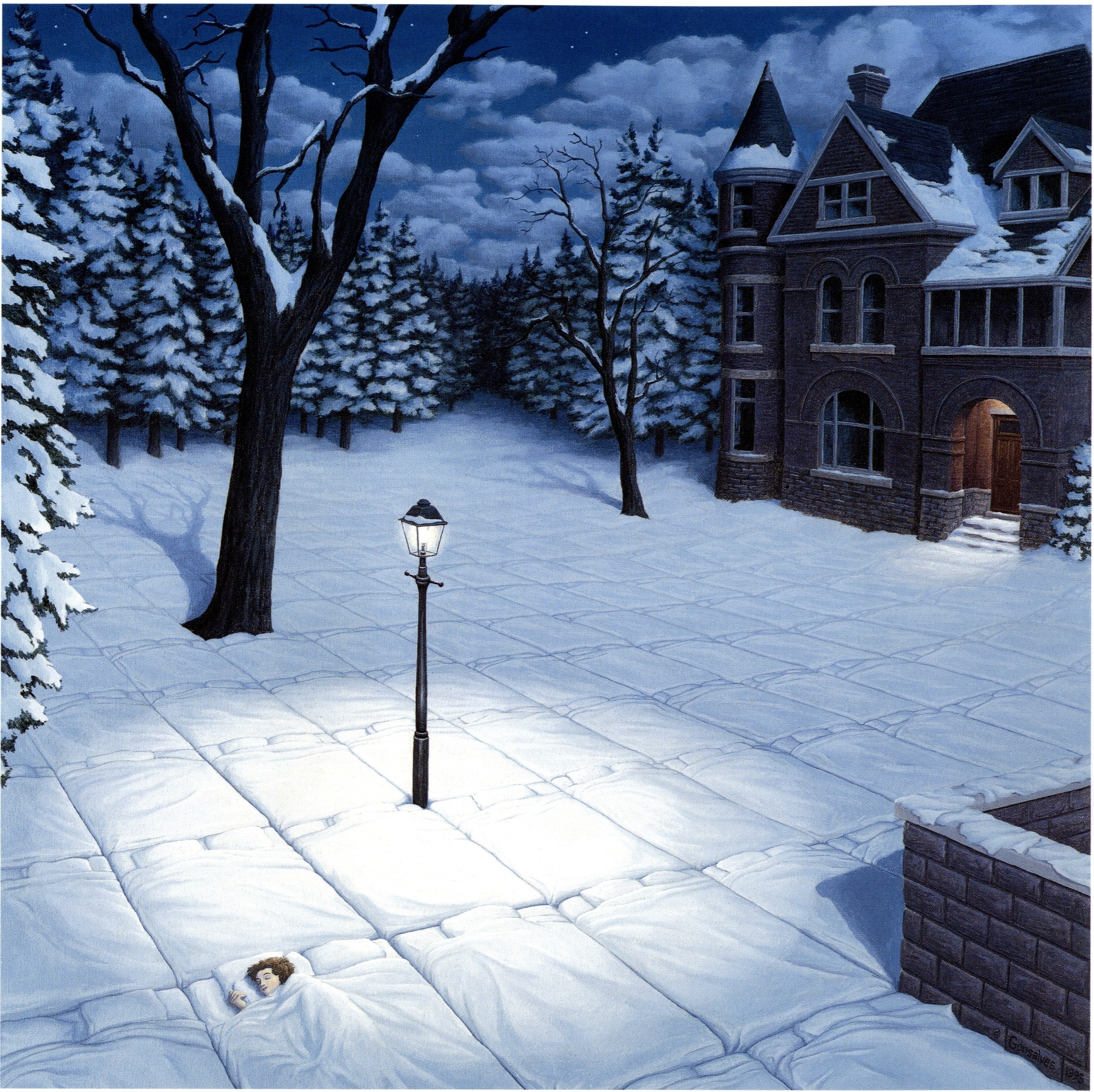 Person sleeping in a snowy courtyard at night HD Wallpaper