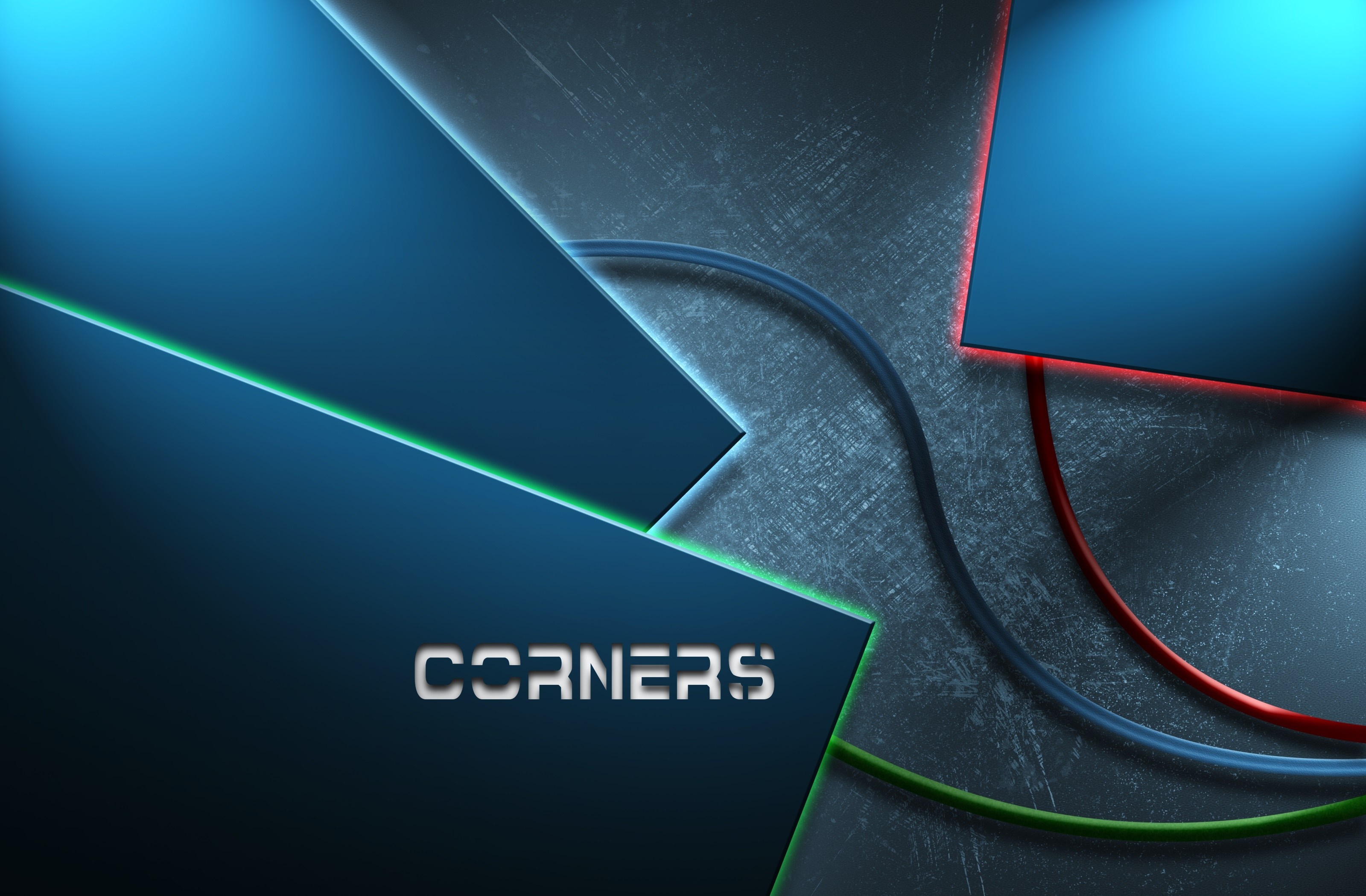 Abstract blue shapes with glowing lines and text "CORNERS" HD Wallpaper