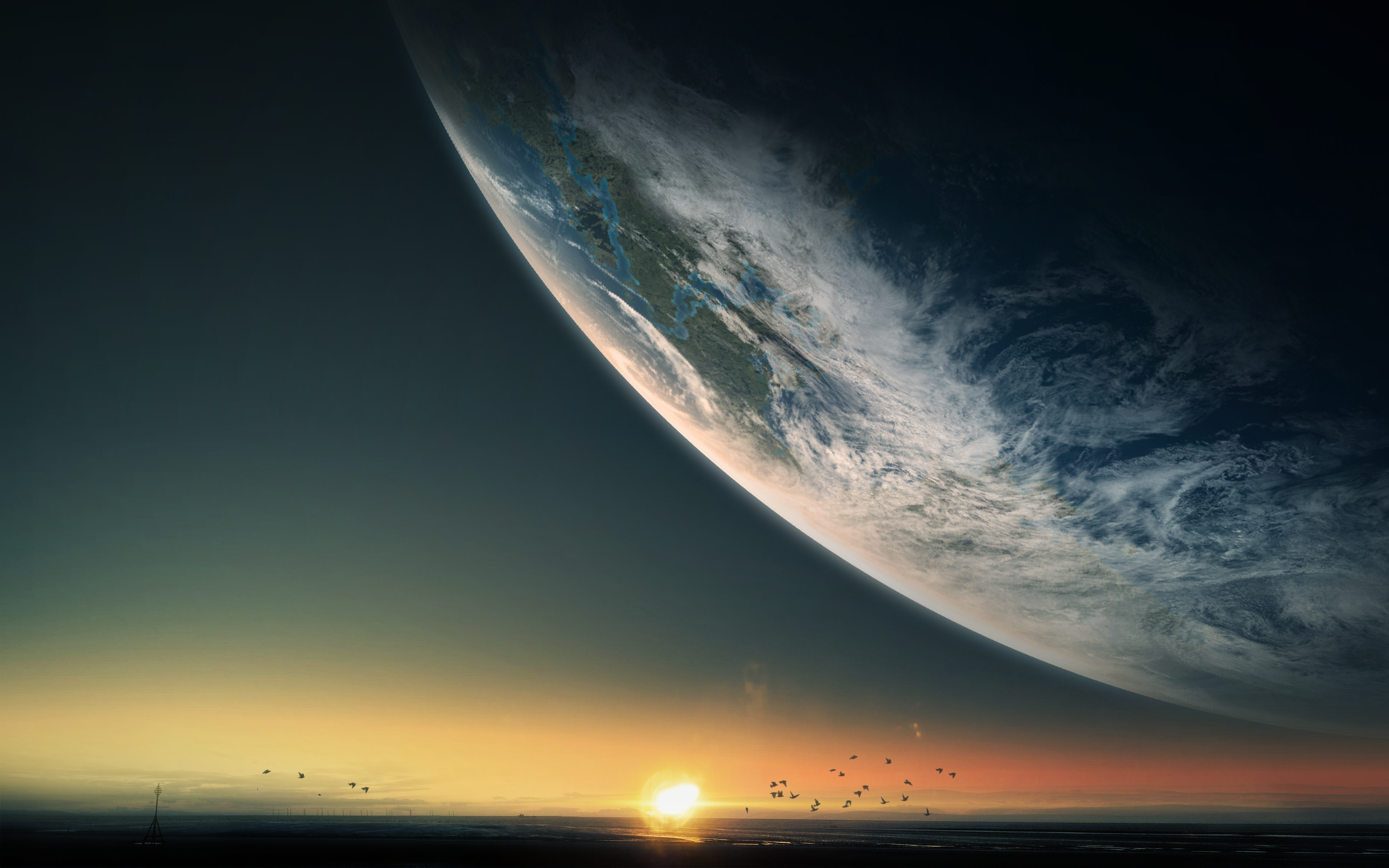 Earth from space during sunset with birds flying HD Wallpaper