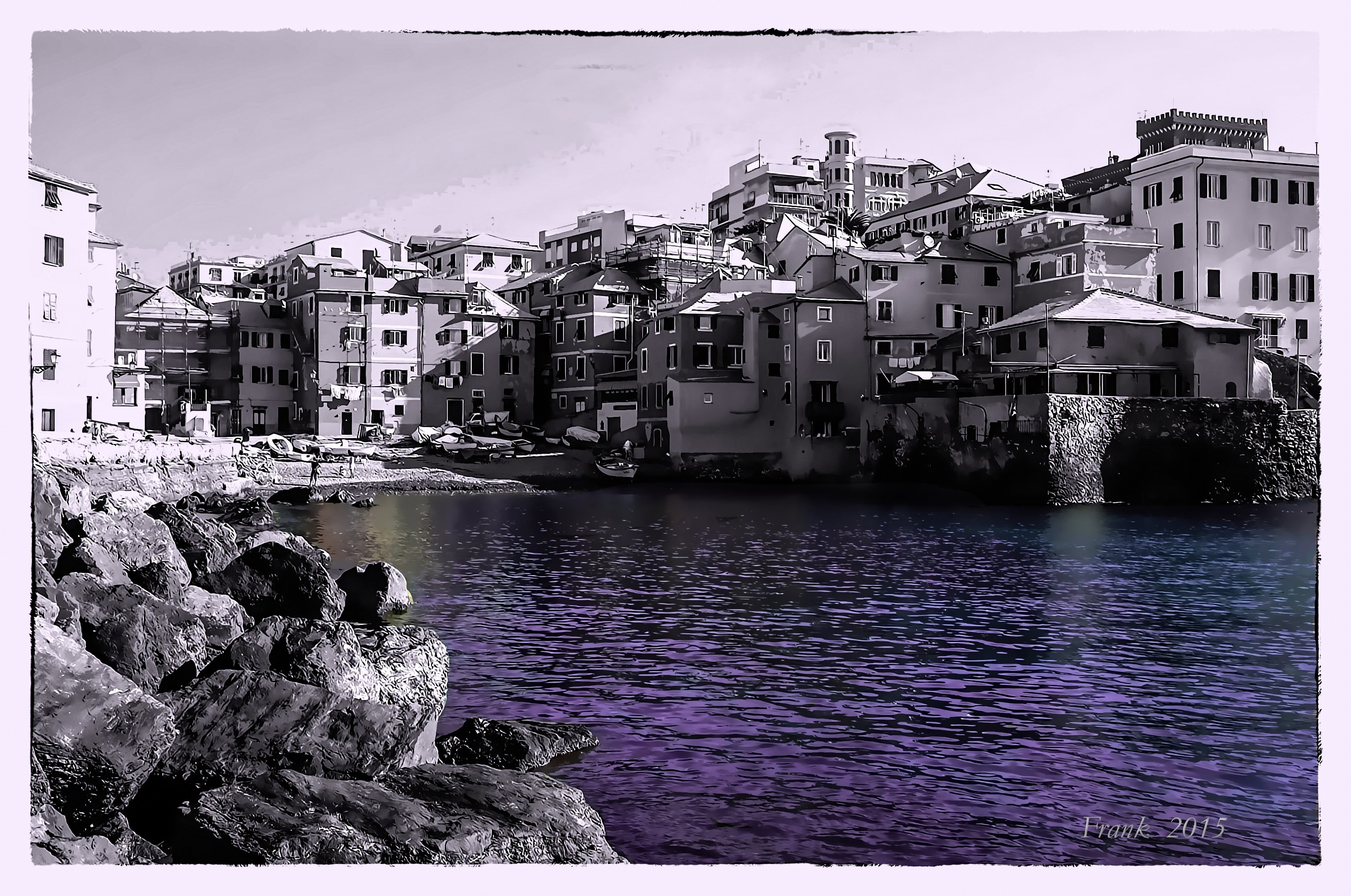 Coastal town with purple water and rocks HD Wallpaper