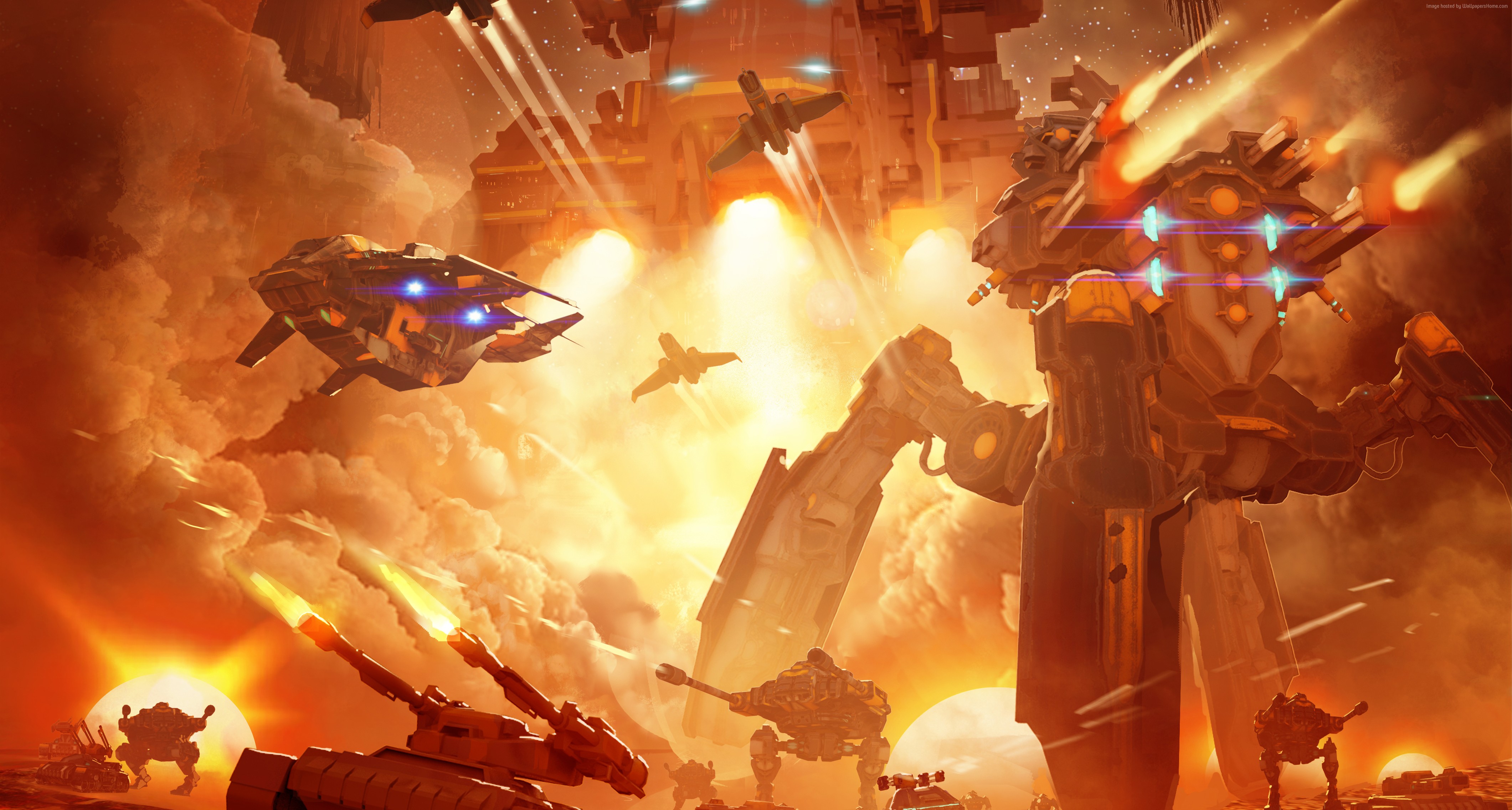 Sci-fi battle with mechs, tanks, and spaceships HD Wallpaper