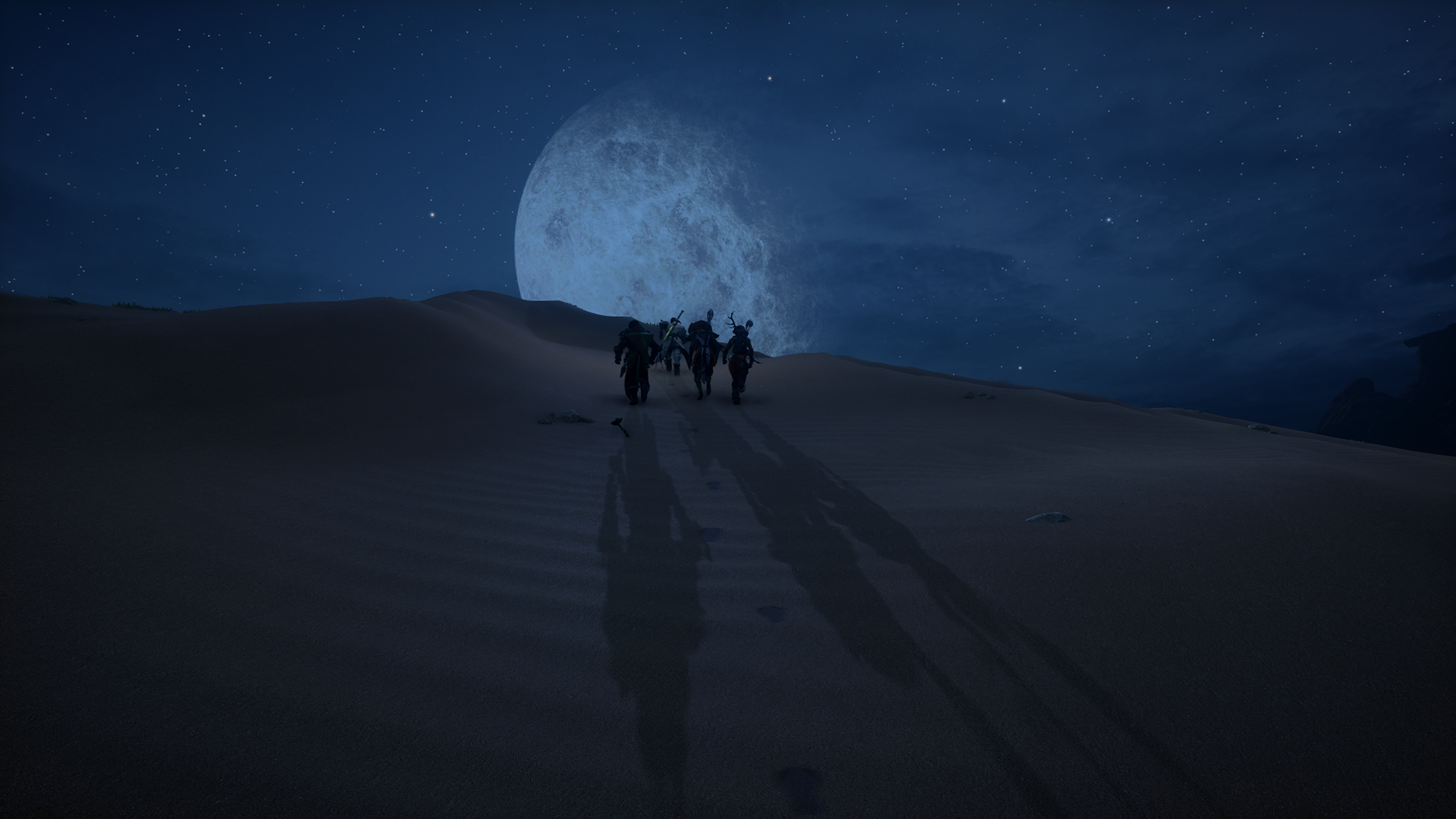 Dragon Age Inquisition: A group walks across sand dunes under a large moon. HD Wallpaper
