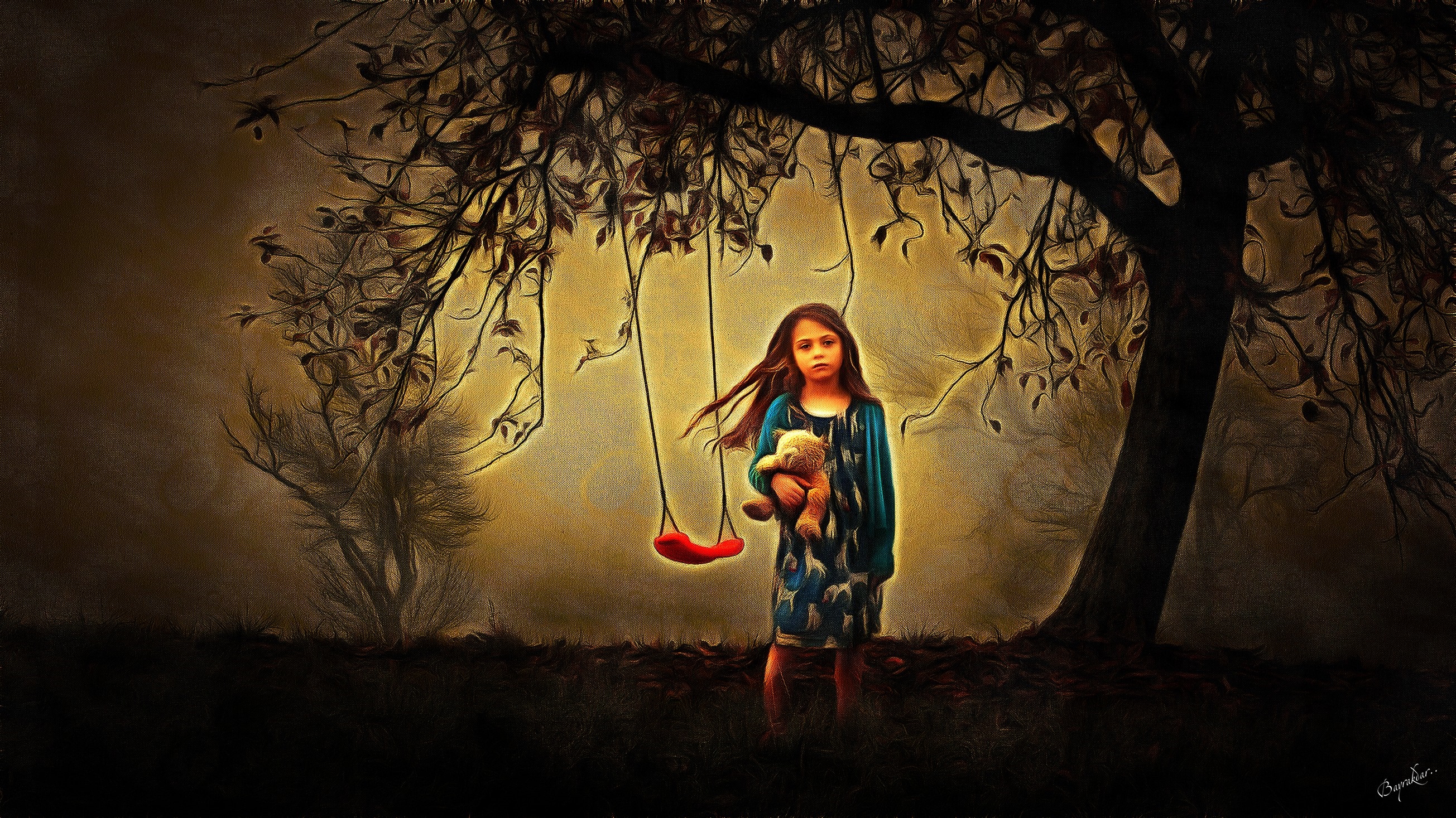 Girl with teddy bear under a tree with a swing HD Wallpaper