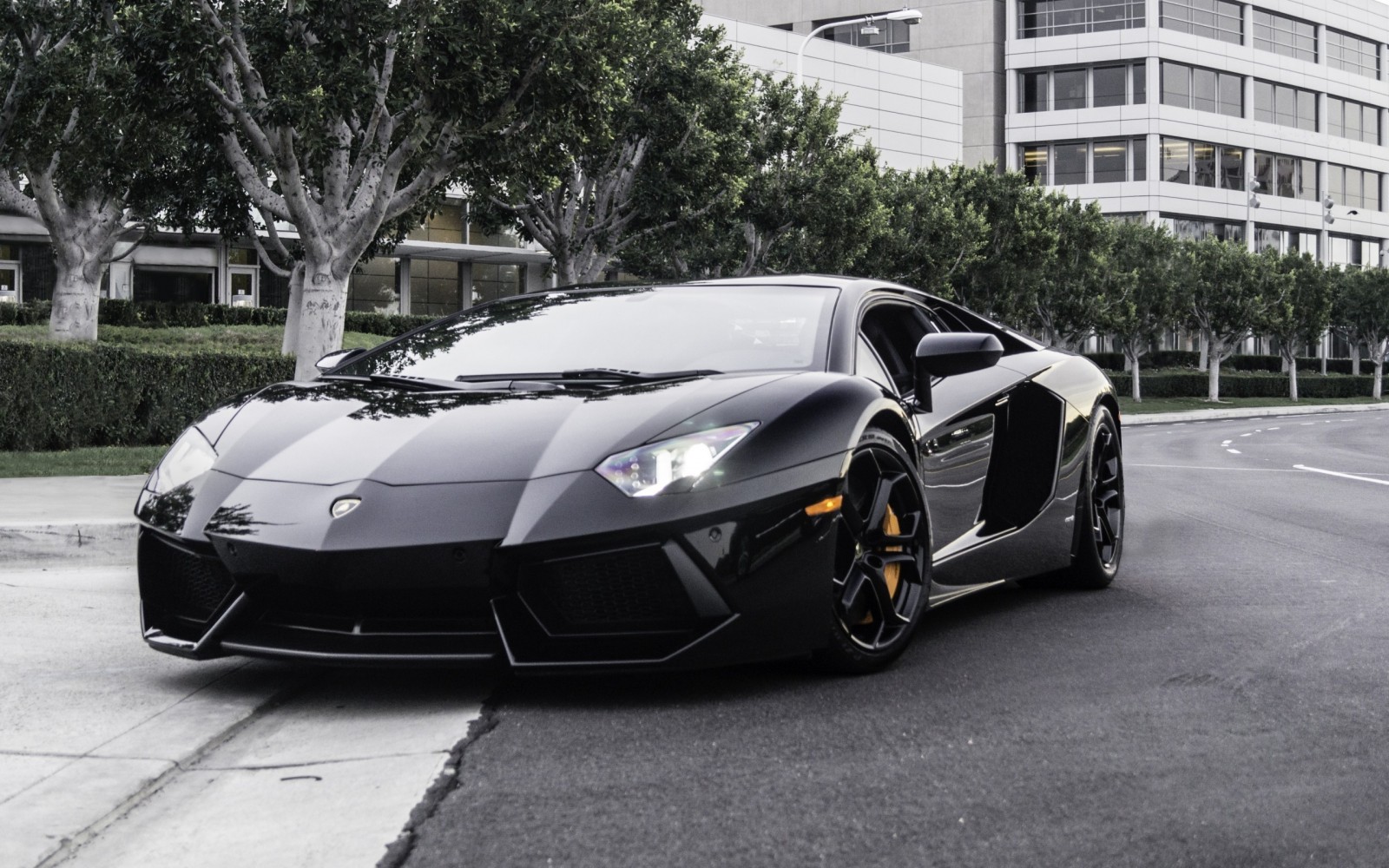 Black Lamborghini Aventador parked on a street HD Wallpaper