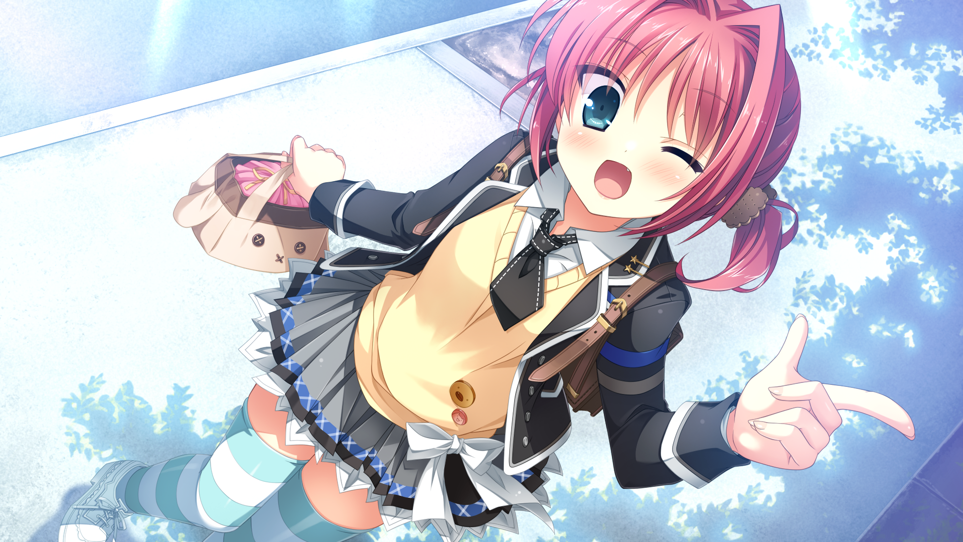 Anime girl with pink hair holding a bag HD Wallpaper
