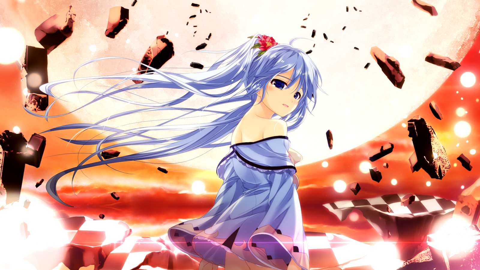 Anime girl with blue hair in a surreal landscape HD Wallpaper