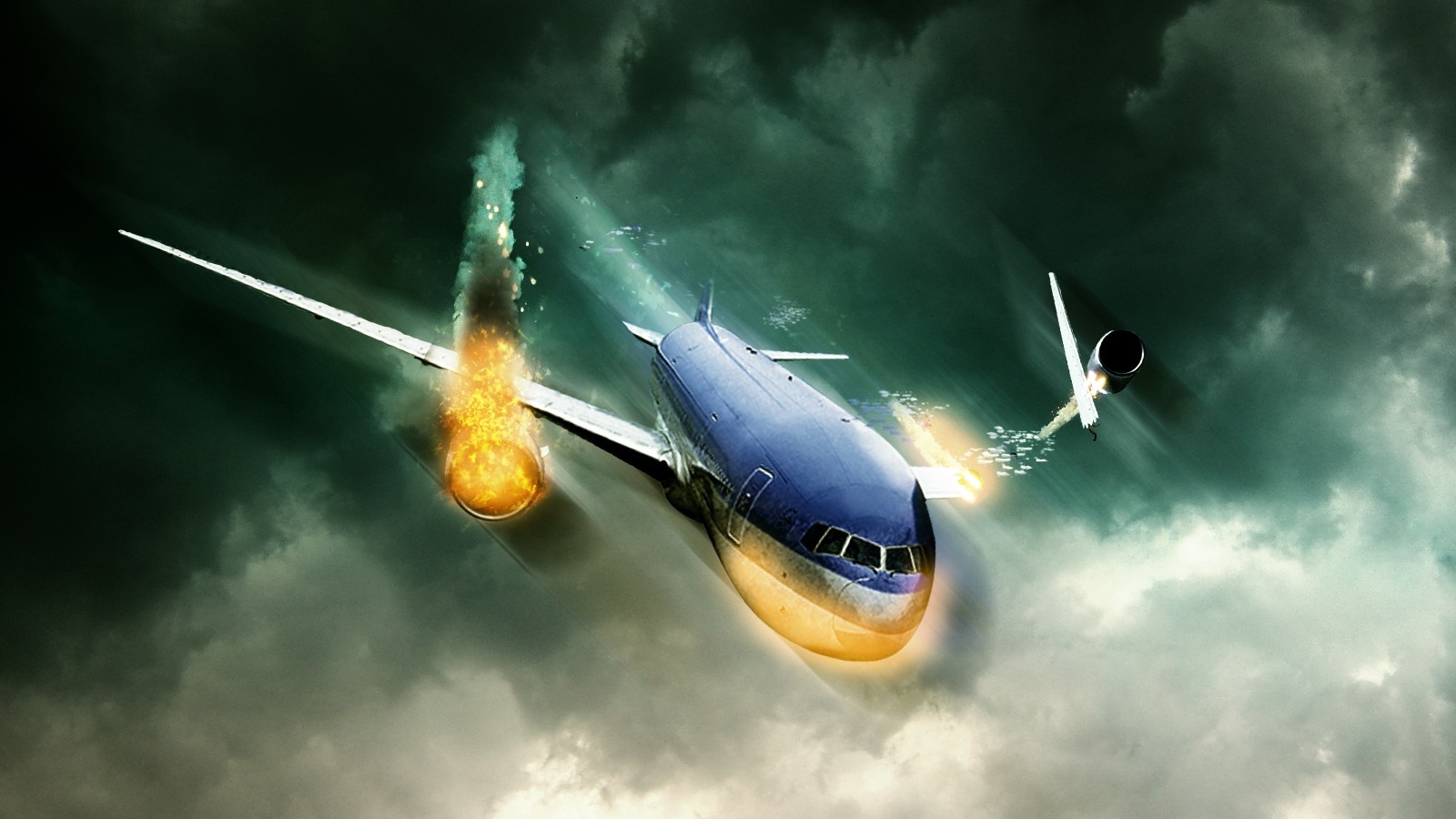 Airplane in flames crashing through stormy skies HD Wallpaper