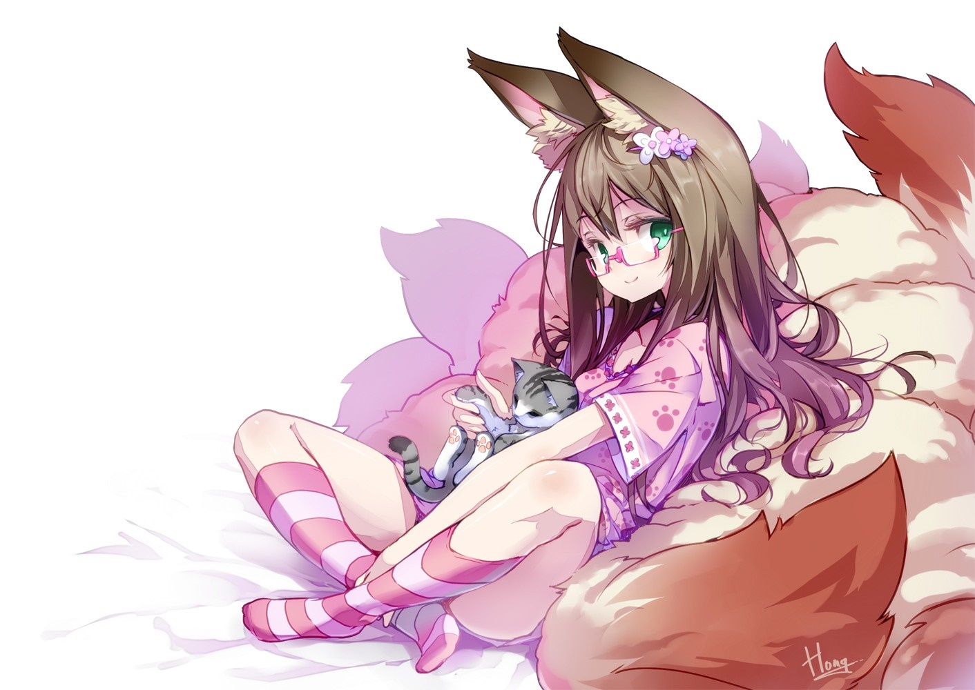 Anime fox girl with glasses holding a cat HD Wallpaper