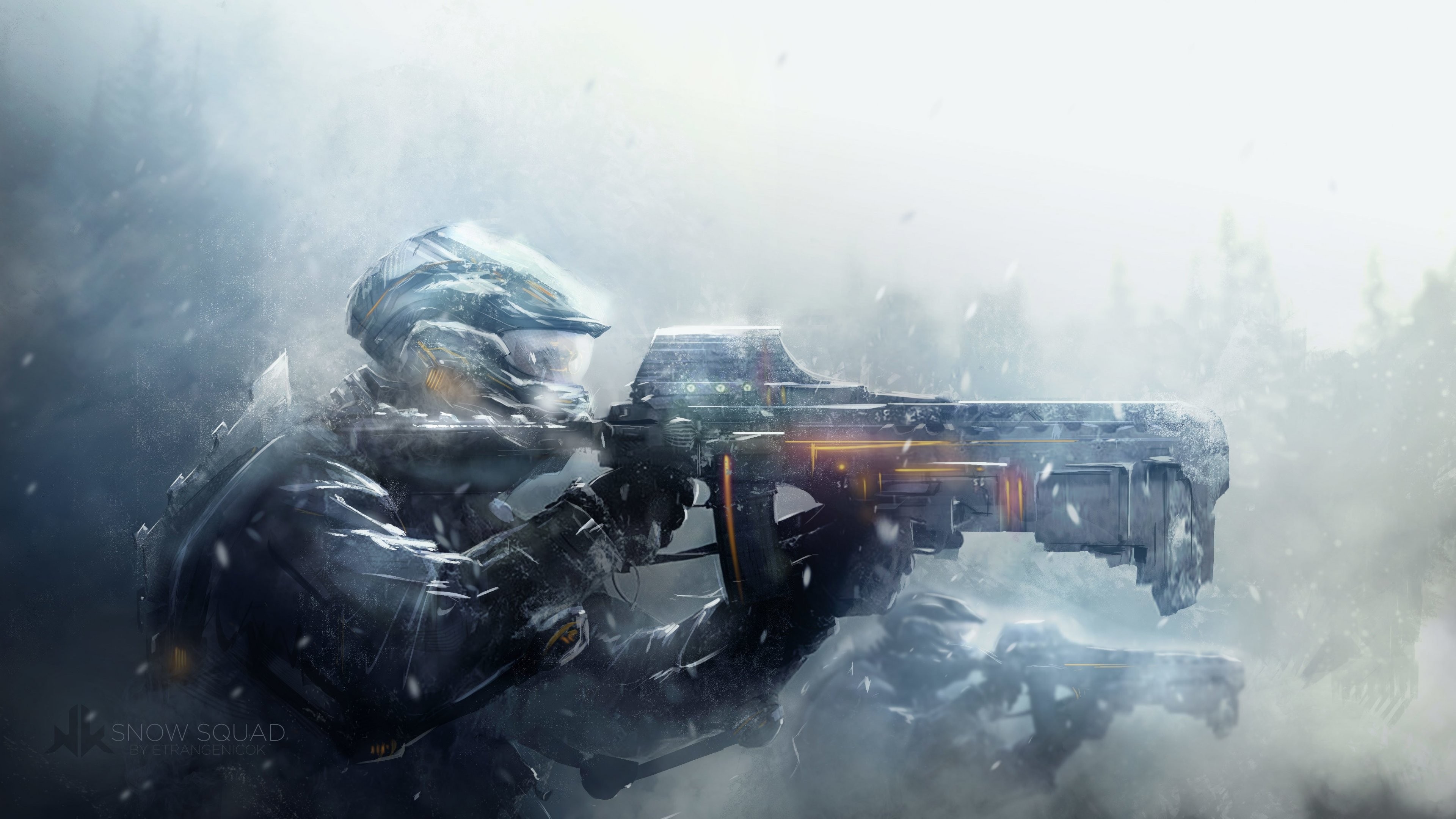 Snow Squad soldiers in a futuristic winter environment HD Wallpaper