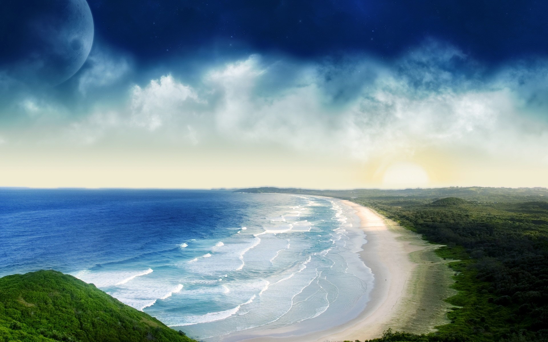 Ocean waves crash on a sandy beach under a dual sky HD Wallpaper