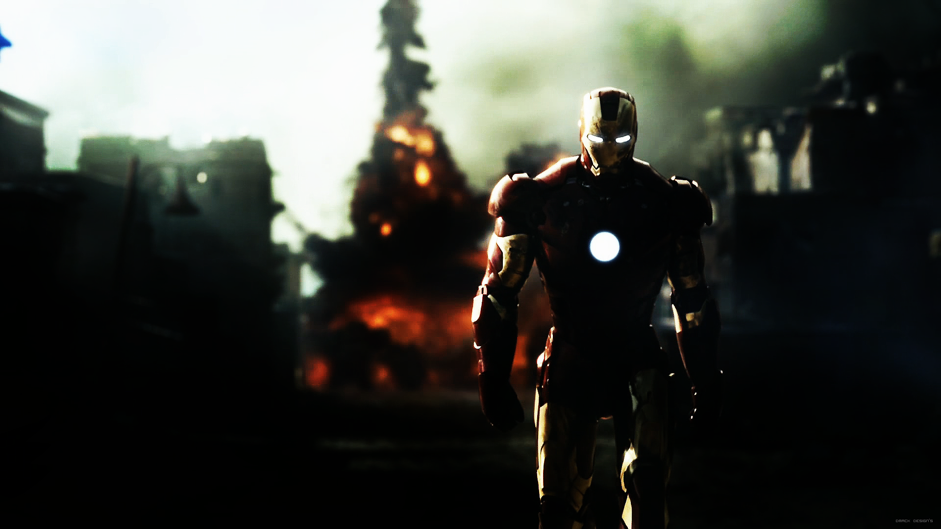 Iron Man in a dark, fiery environment HD Wallpaper