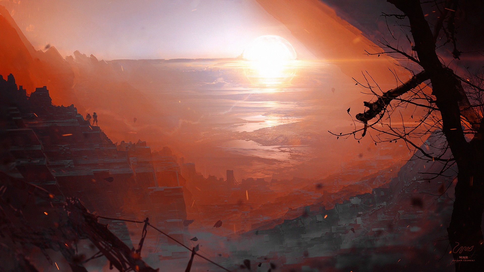 Fantasy landscape with sun and figures HD Wallpaper
