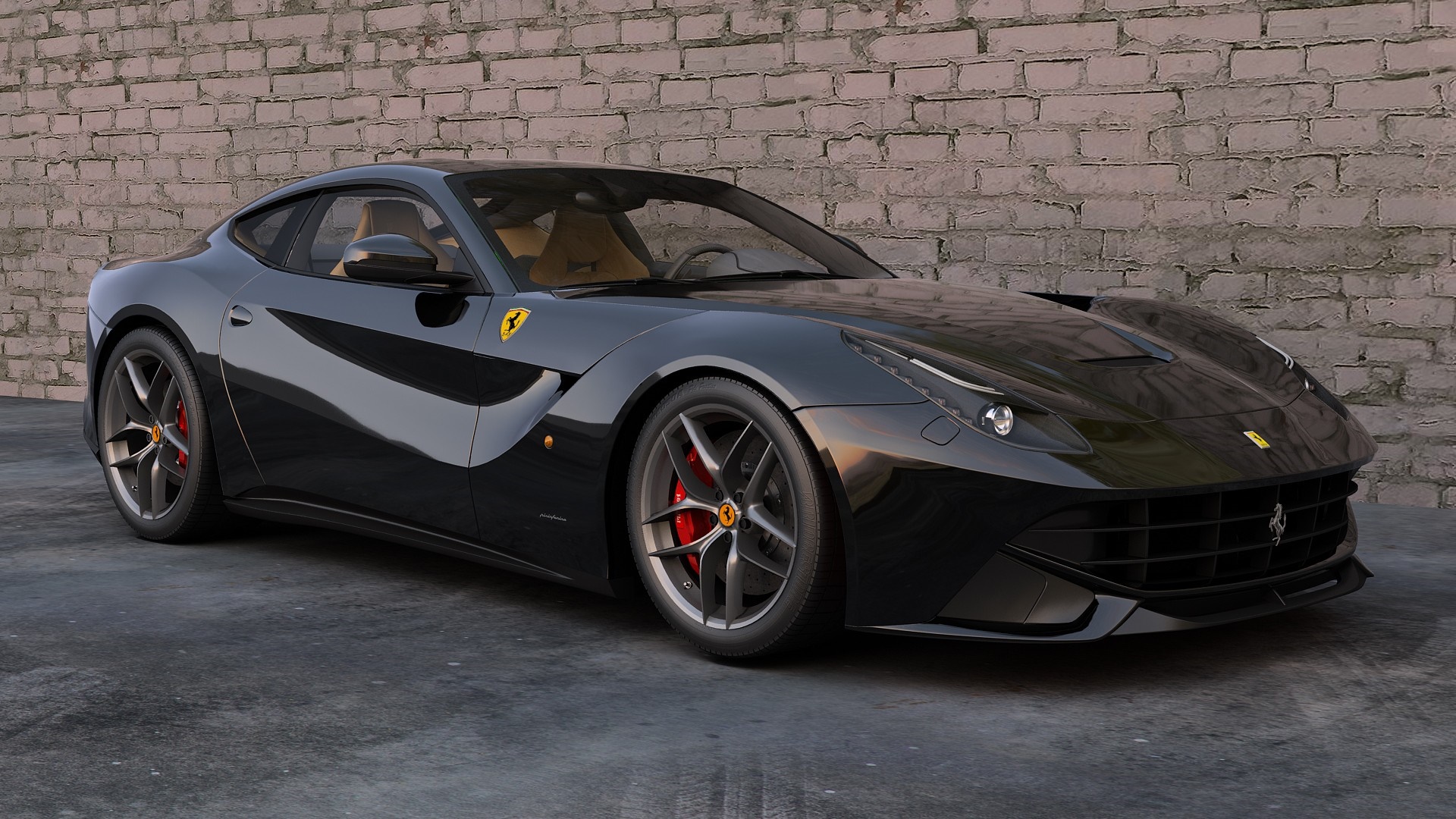 Black Ferrari F12berlinetta parked on concrete HD Wallpaper