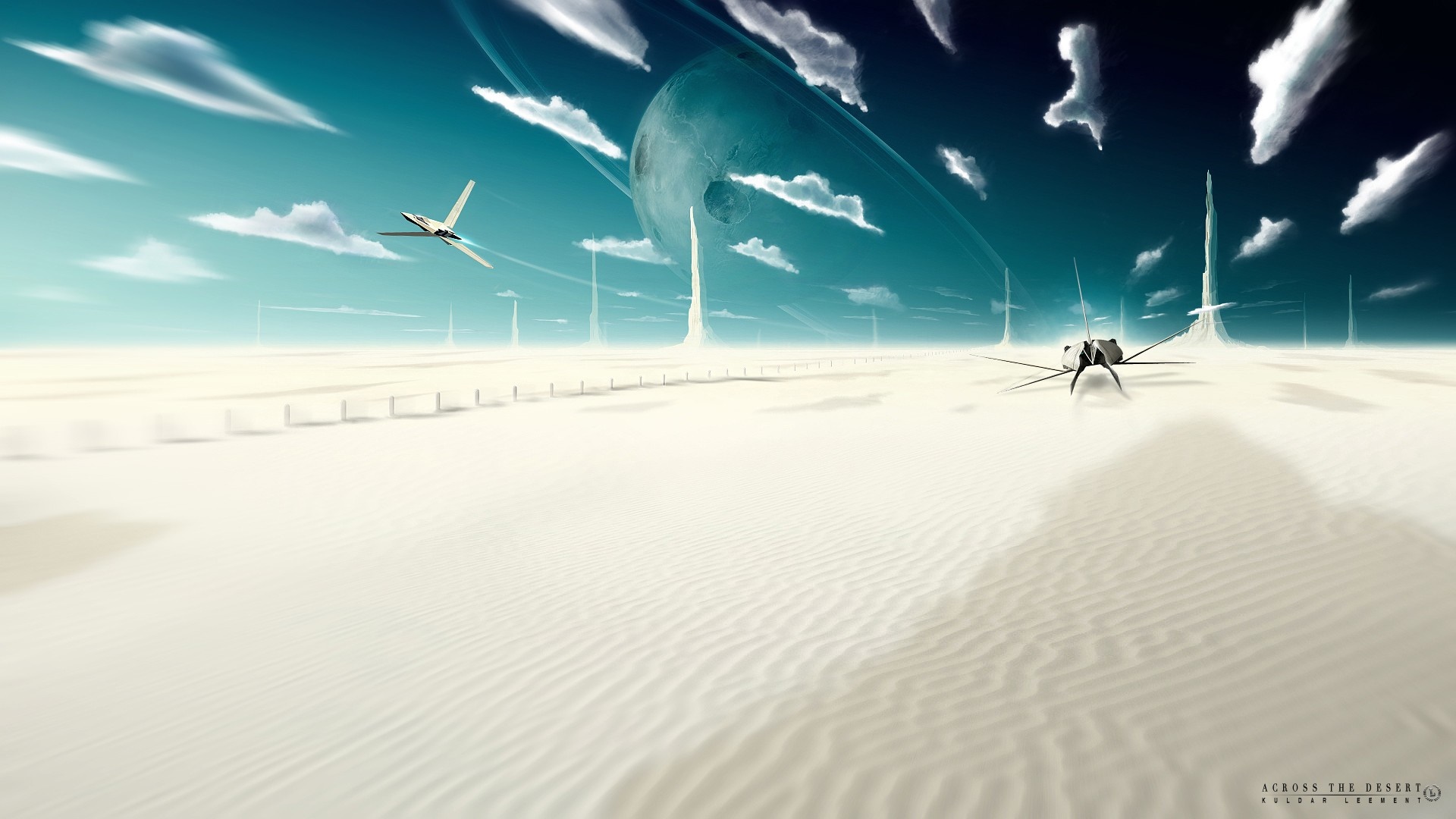 Sci-fi desert landscape with spacecraft and planet HD Wallpaper