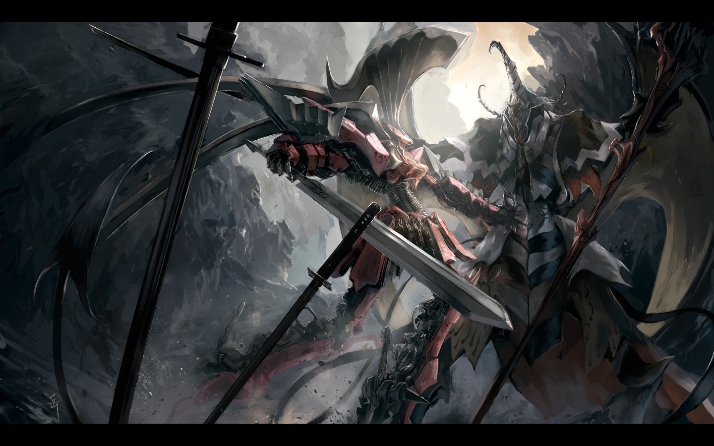 Mech with swords in a battle scene HD Wallpaper