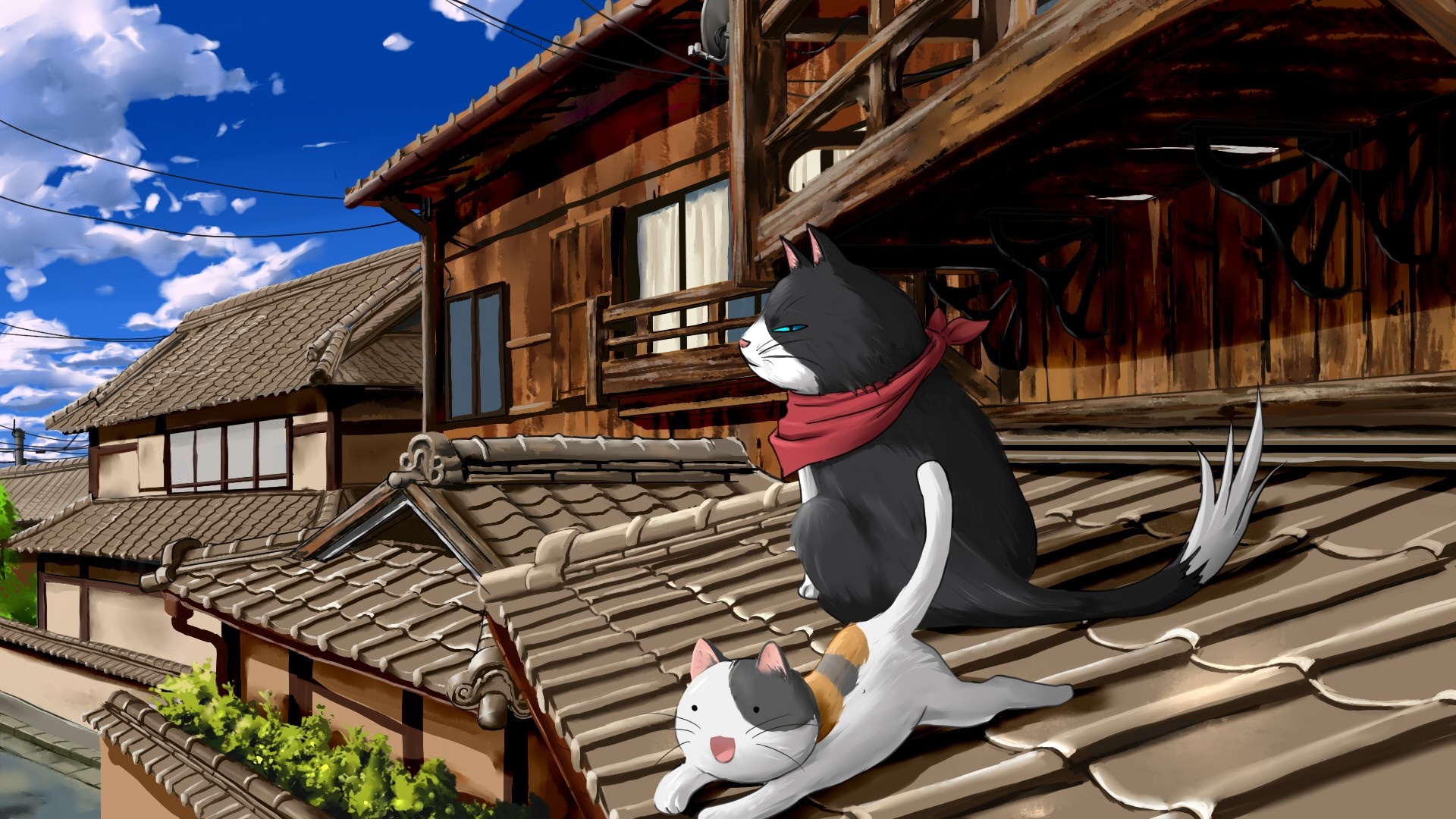 Two cats on a tiled roof in front of Japanese houses HD Wallpaper