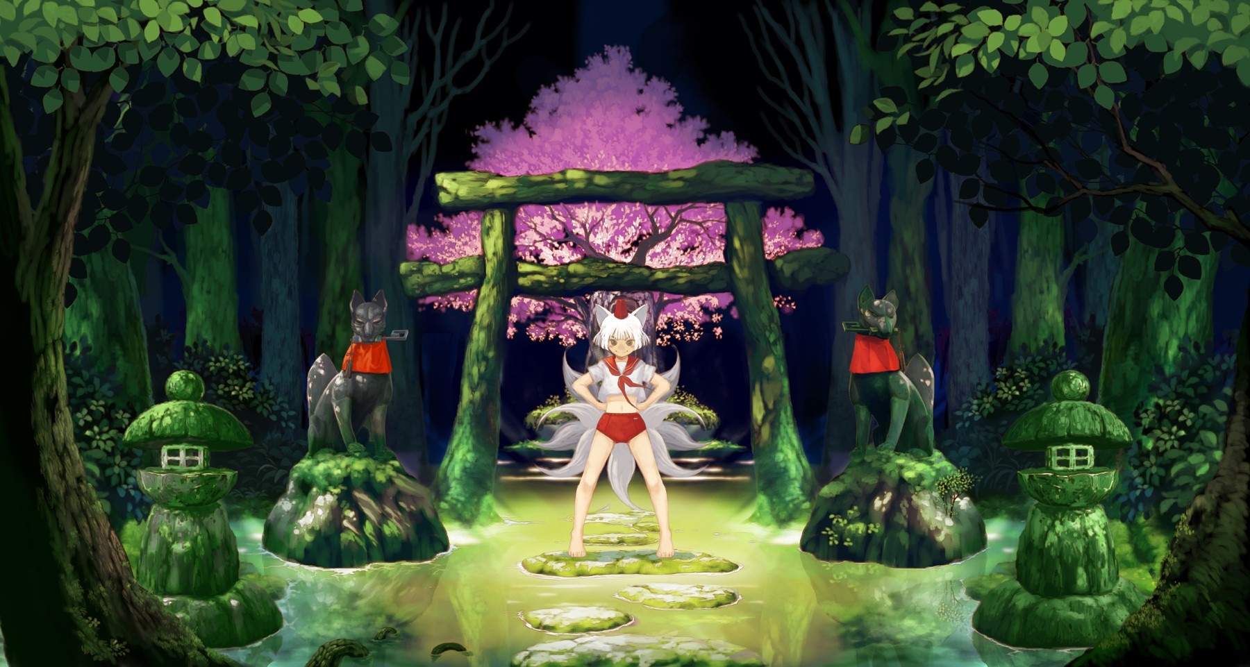 Fox girl in a shrine with cherry blossoms HD Wallpaper