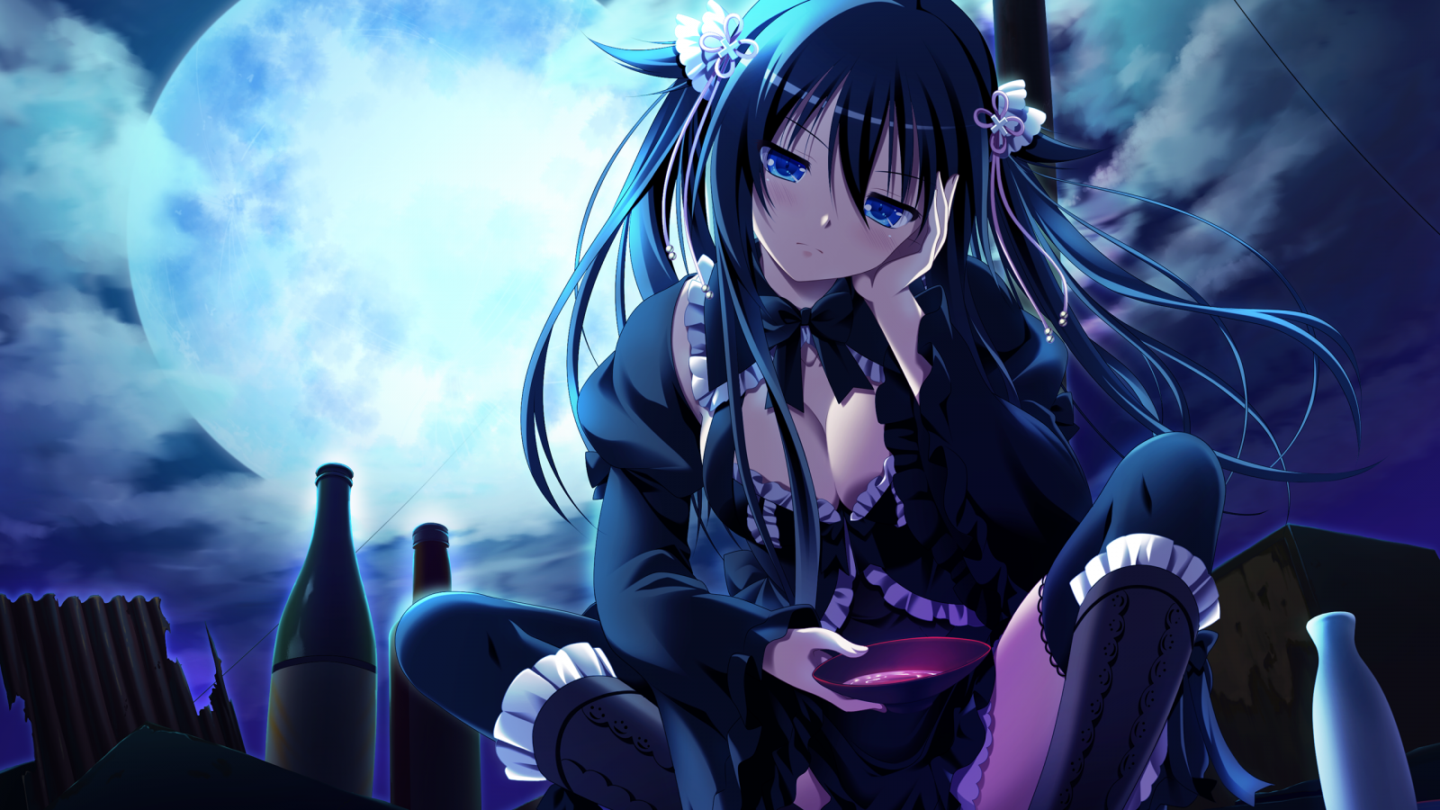 Anime girl with long black hair and blue eyes HD Wallpaper