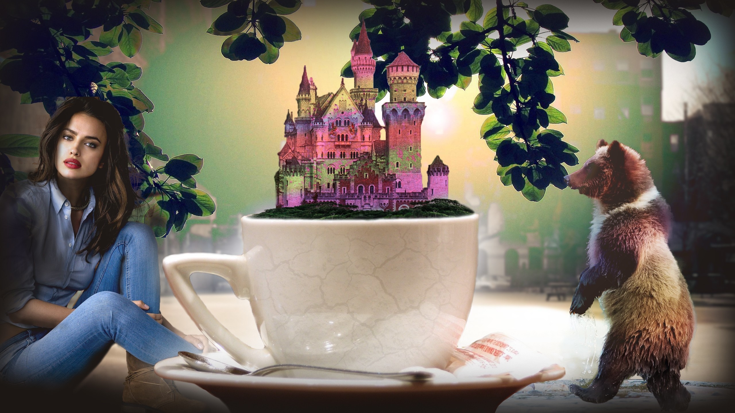 Woman, Bear, and Castle in a Teacup HD Wallpaper