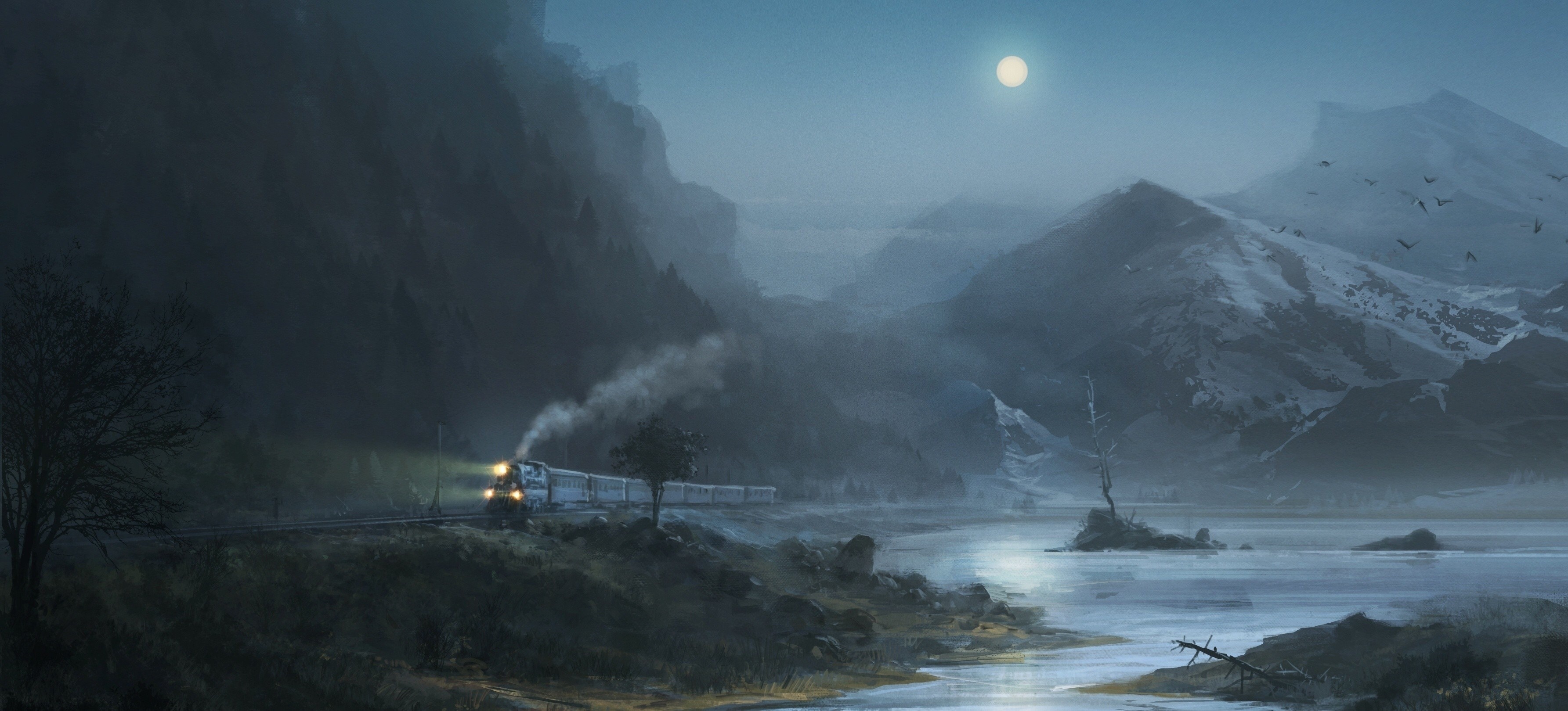 Train traveling through a misty mountain landscape at night HD Wallpaper