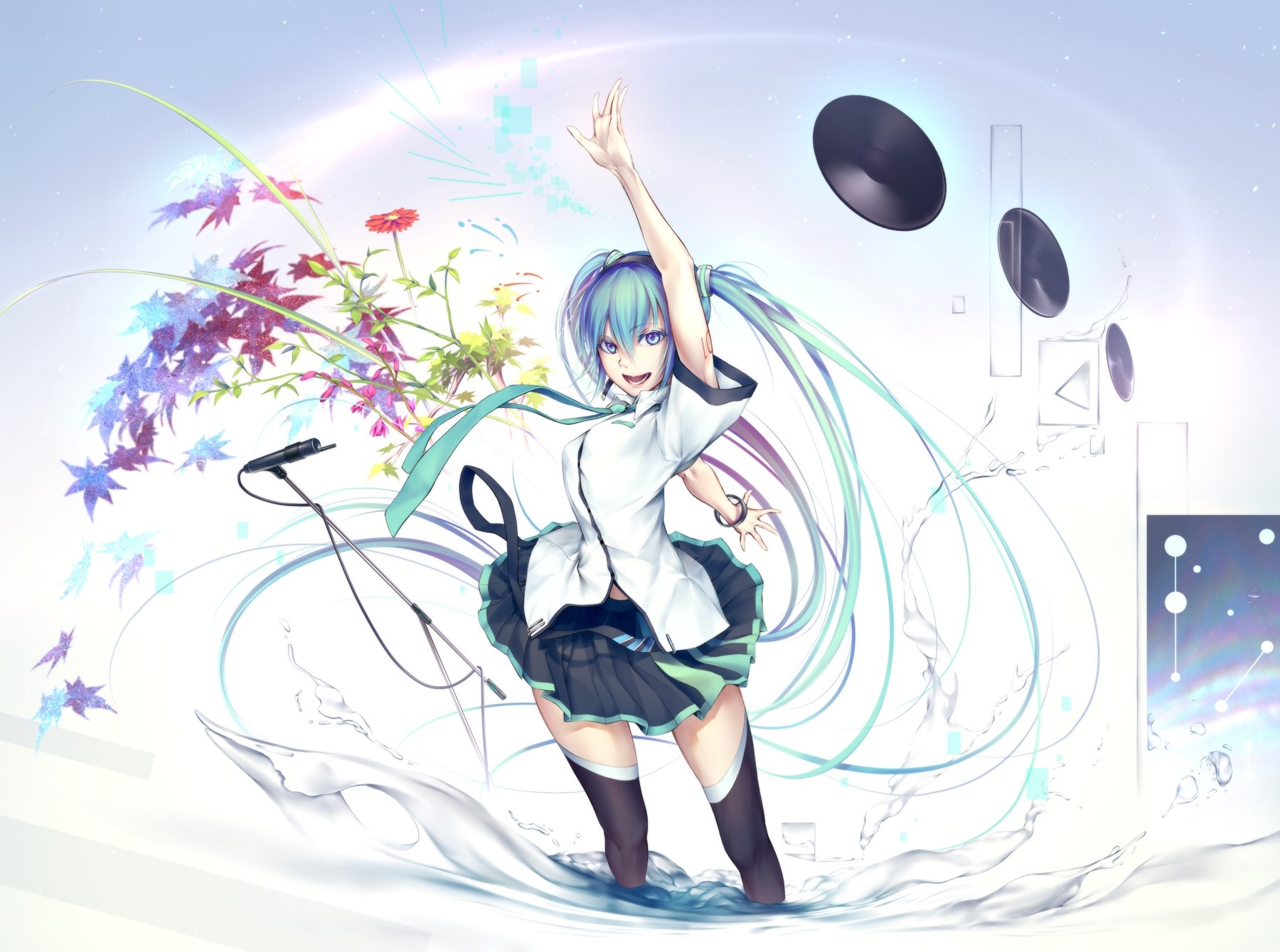 Hatsune Miku singing with musical notes and flowers HD Wallpaper
