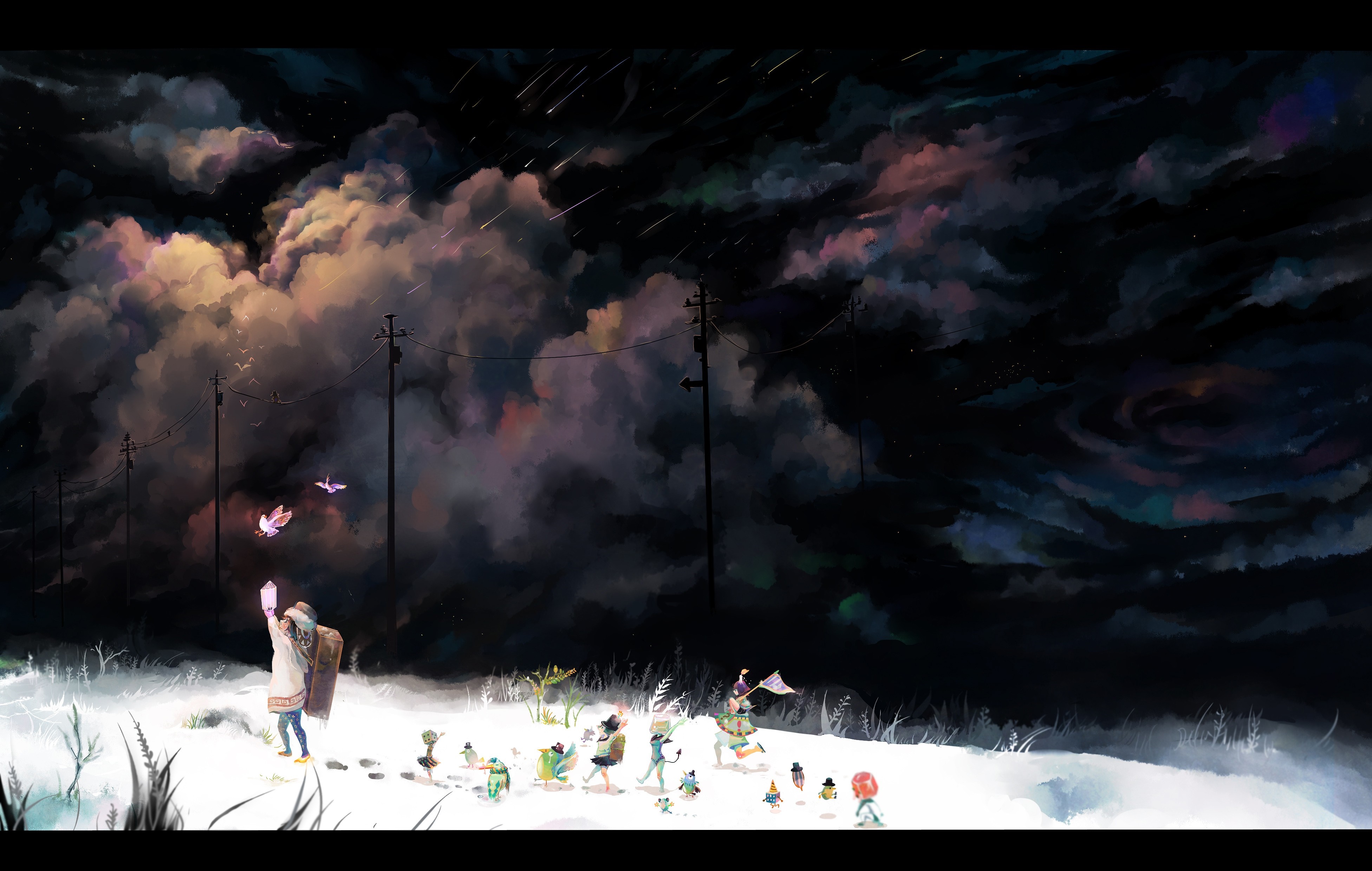 Children and pigeons in a snowy landscape under a cloudy night sky HD Wallpaper