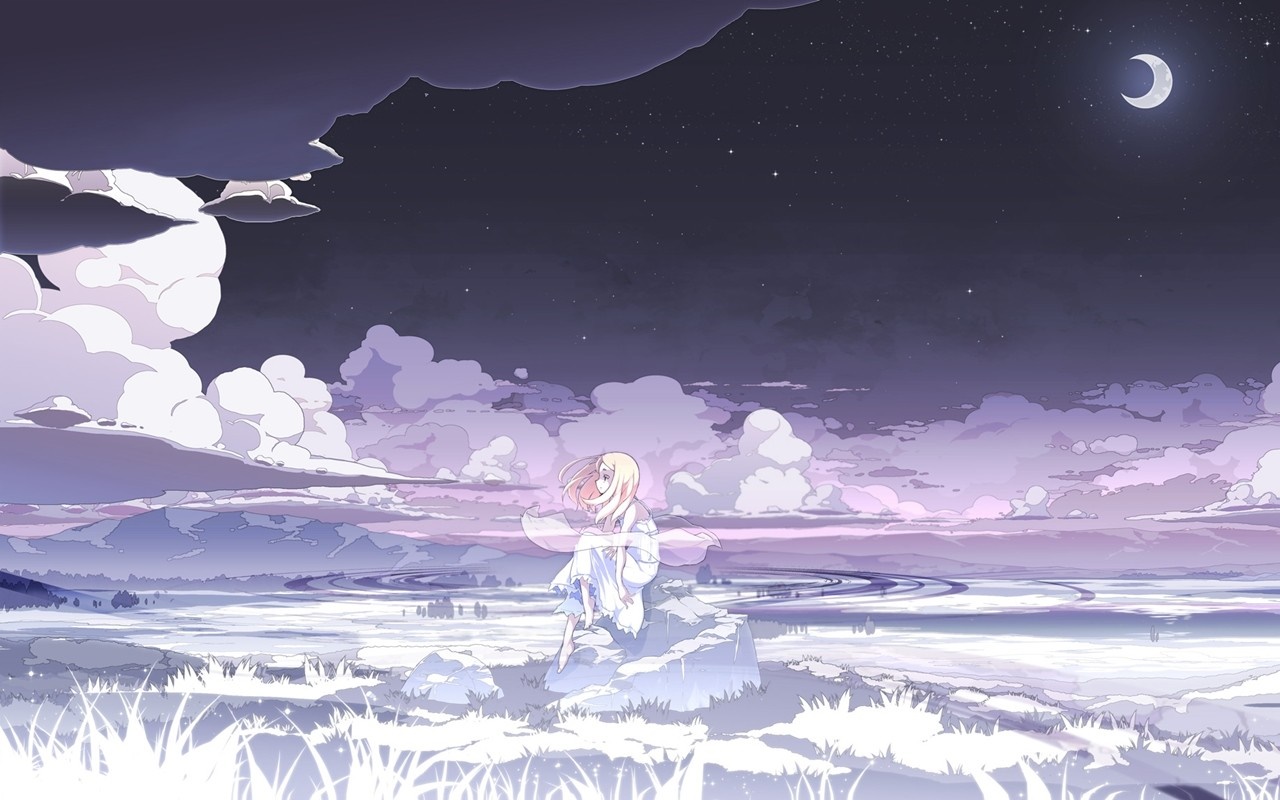 Anime girl sitting on rock under crescent moon and clouds HD Wallpaper