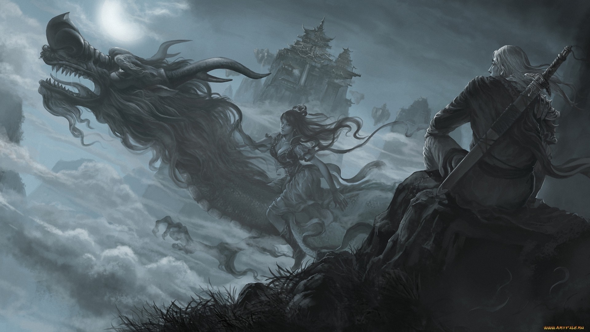 Fantasy art of a dragon and figures in the clouds HD Wallpaper