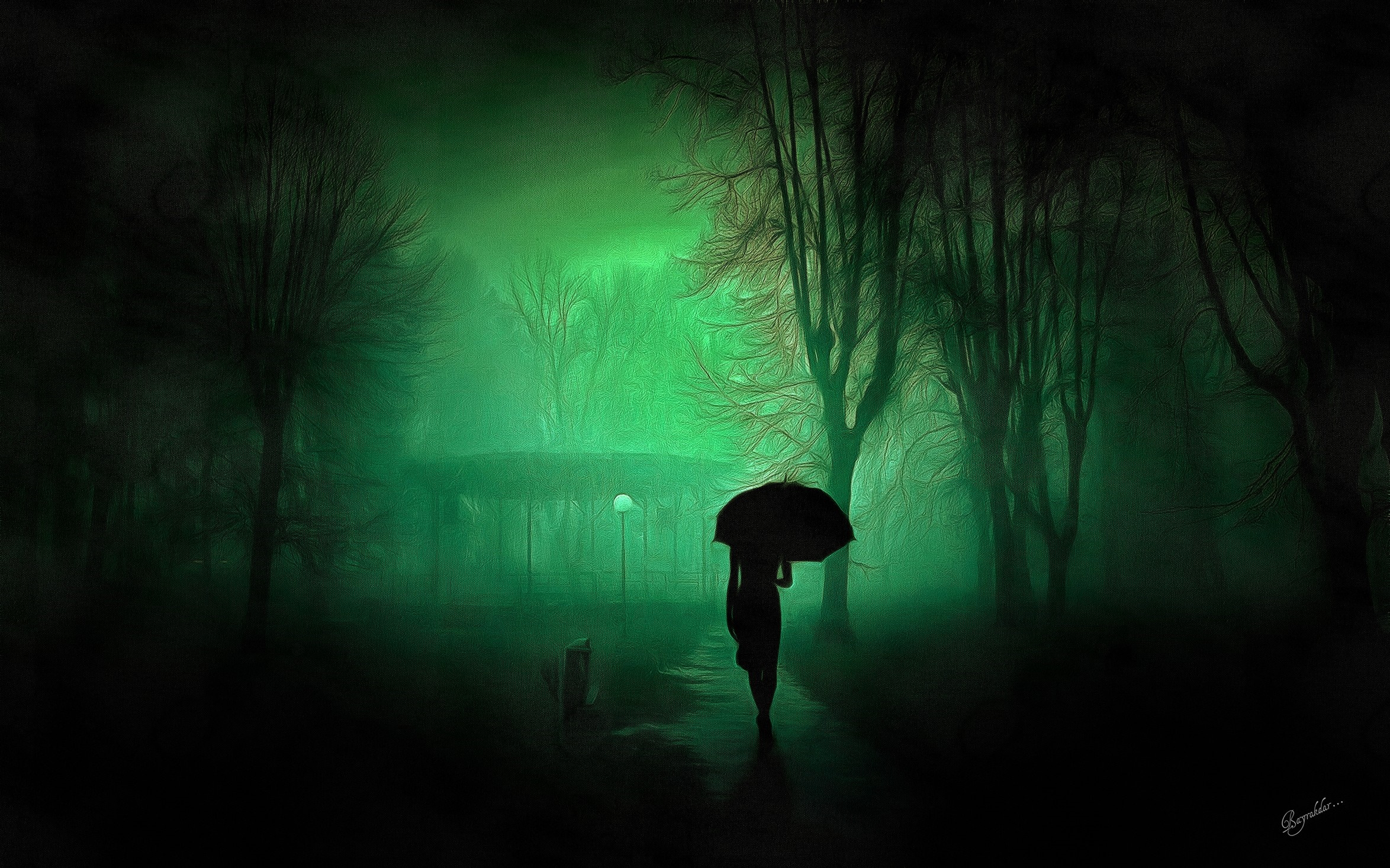 Person with umbrella in a foggy green forest at night HD Wallpaper