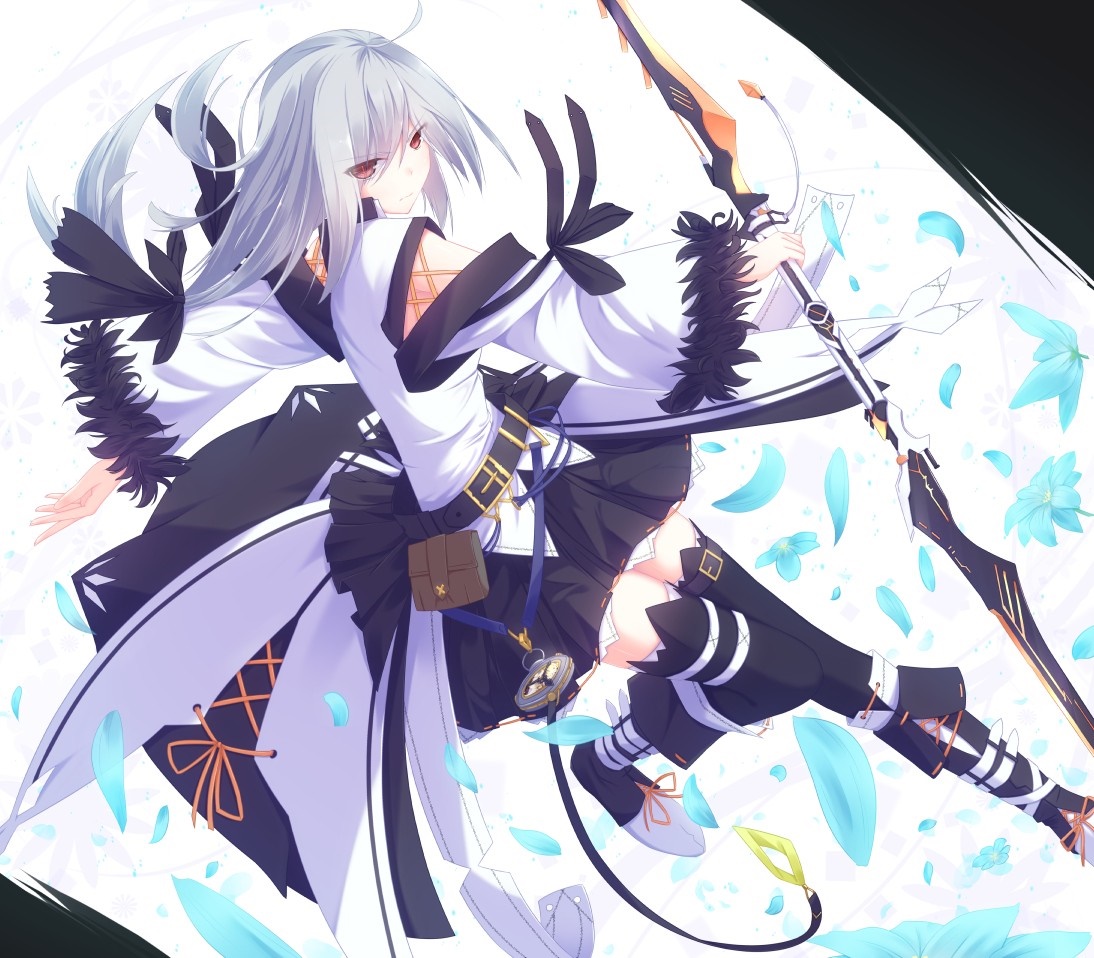Anime girl with white hair and bow HD Wallpaper