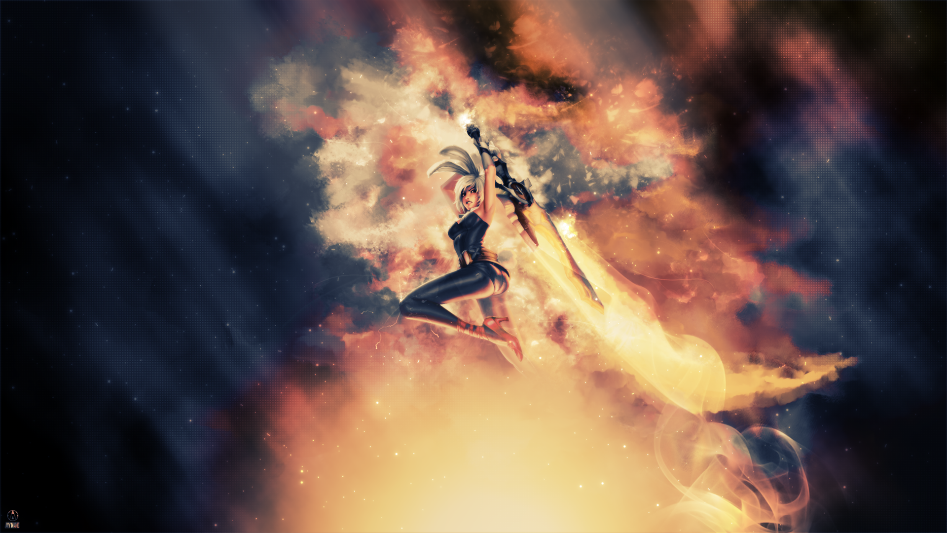 Riven from League of Legends in a fiery explosion HD Wallpaper