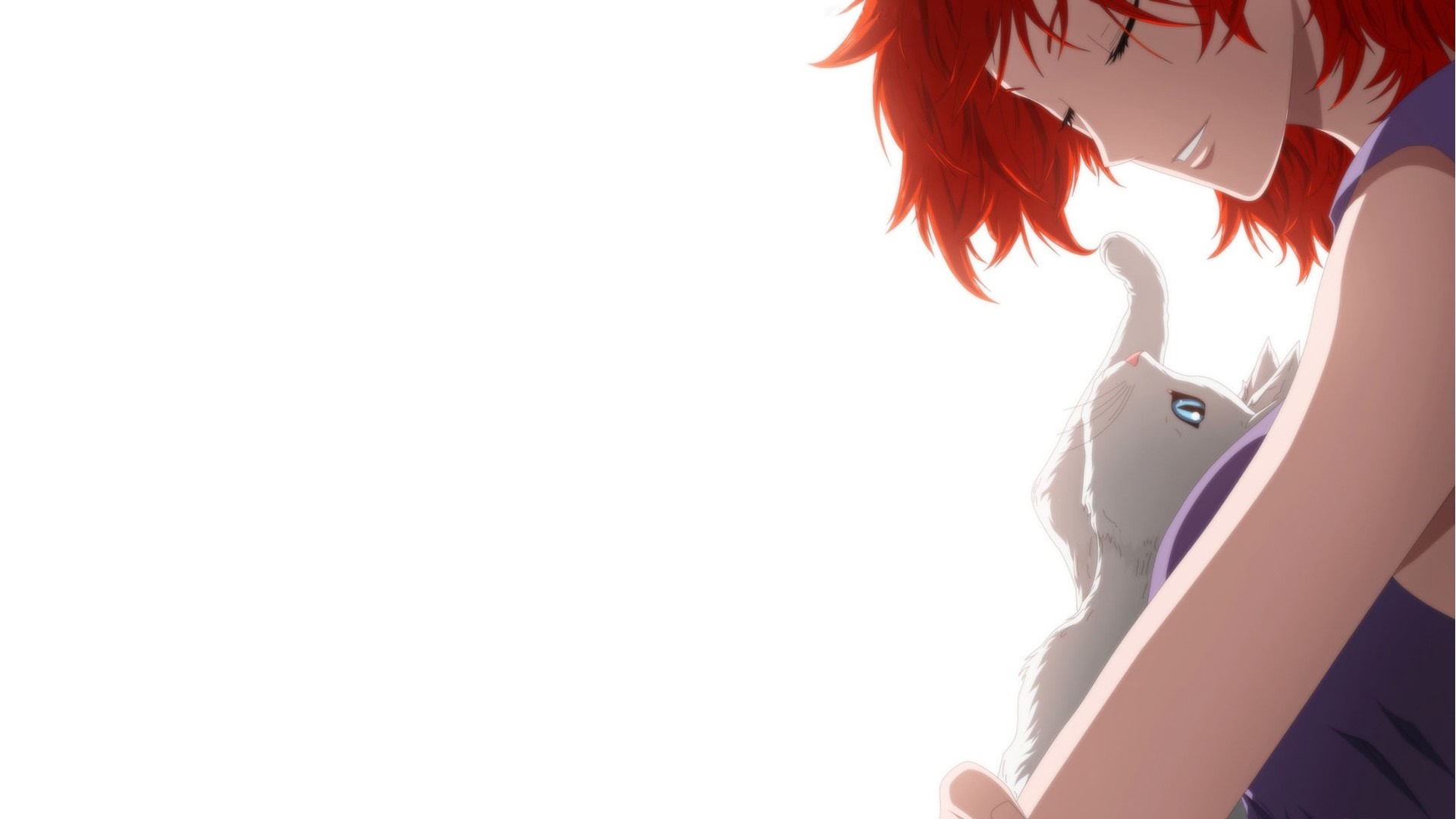 Anime girl with red hair holding a white cat HD Wallpaper