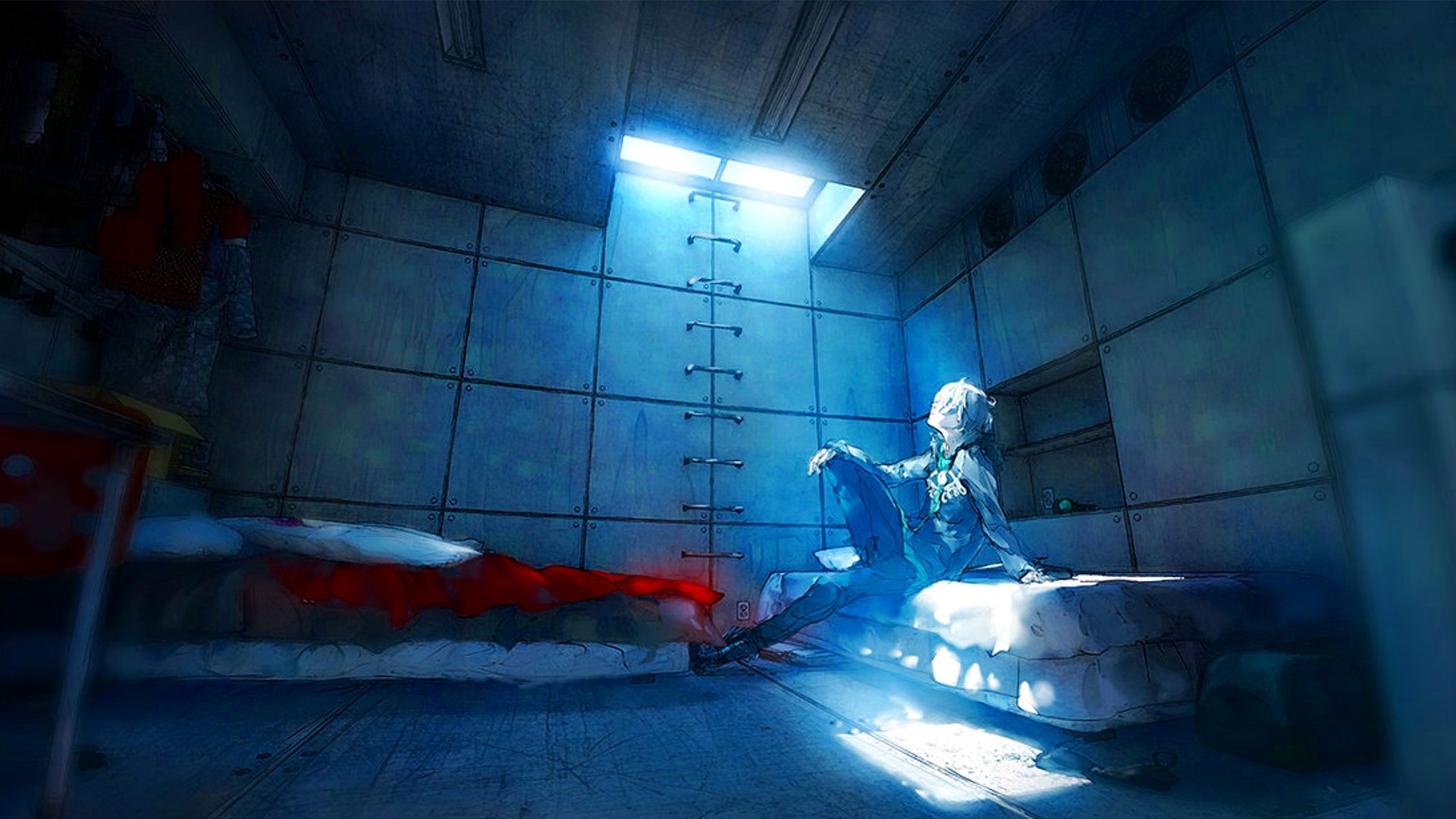 Anime character sitting in a dimly lit room HD Wallpaper