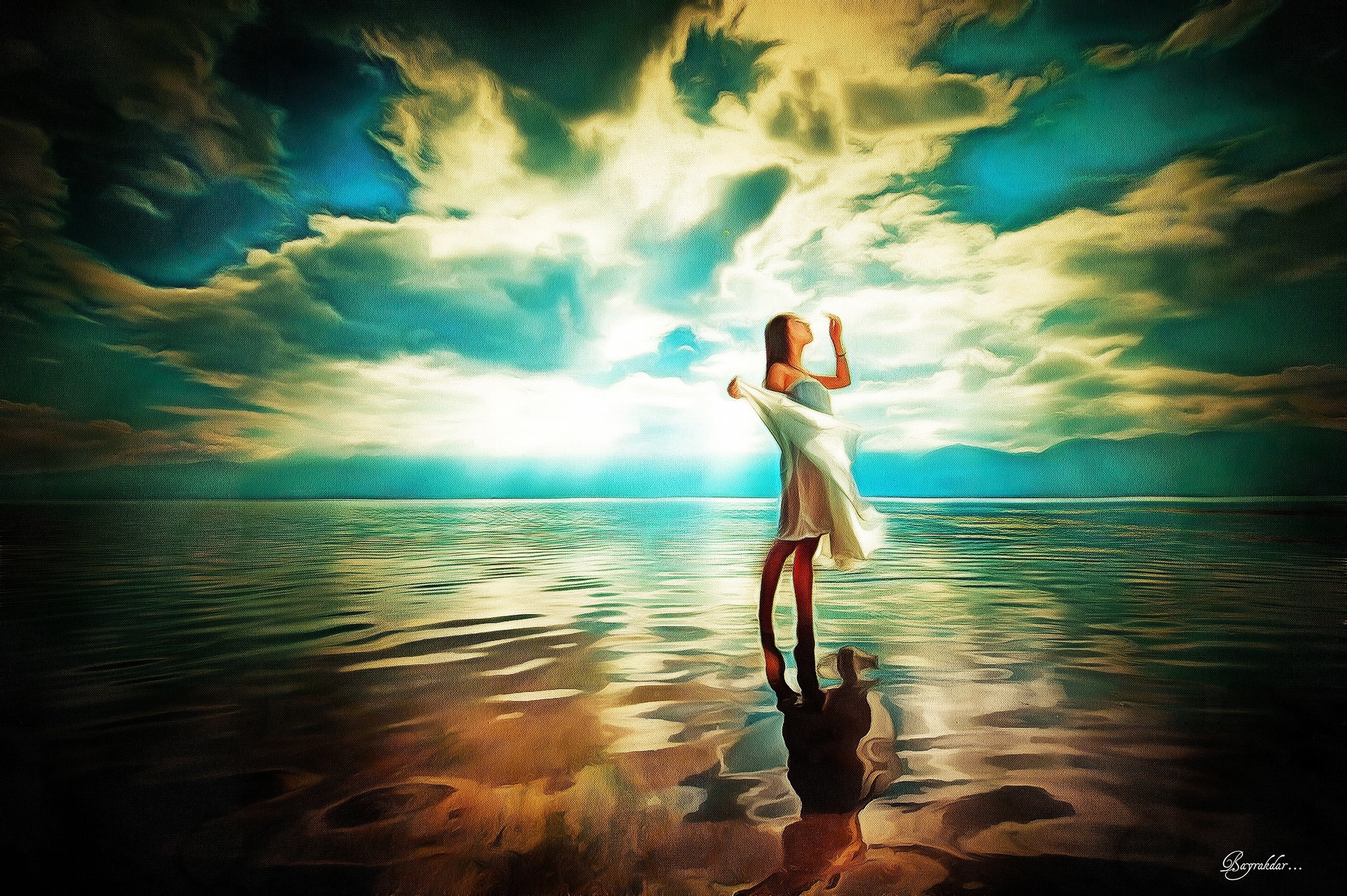 Woman in white dress on reflective water surface HD Wallpaper