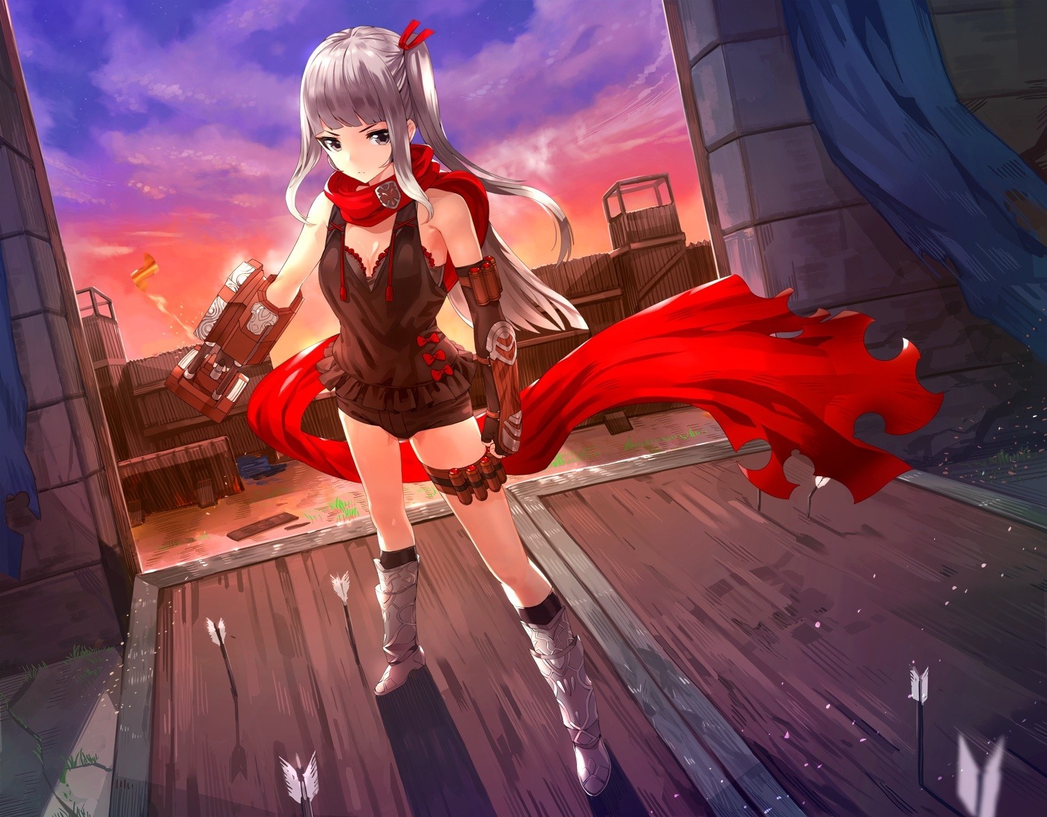 Anime girl with red scarf and weapon HD Wallpaper