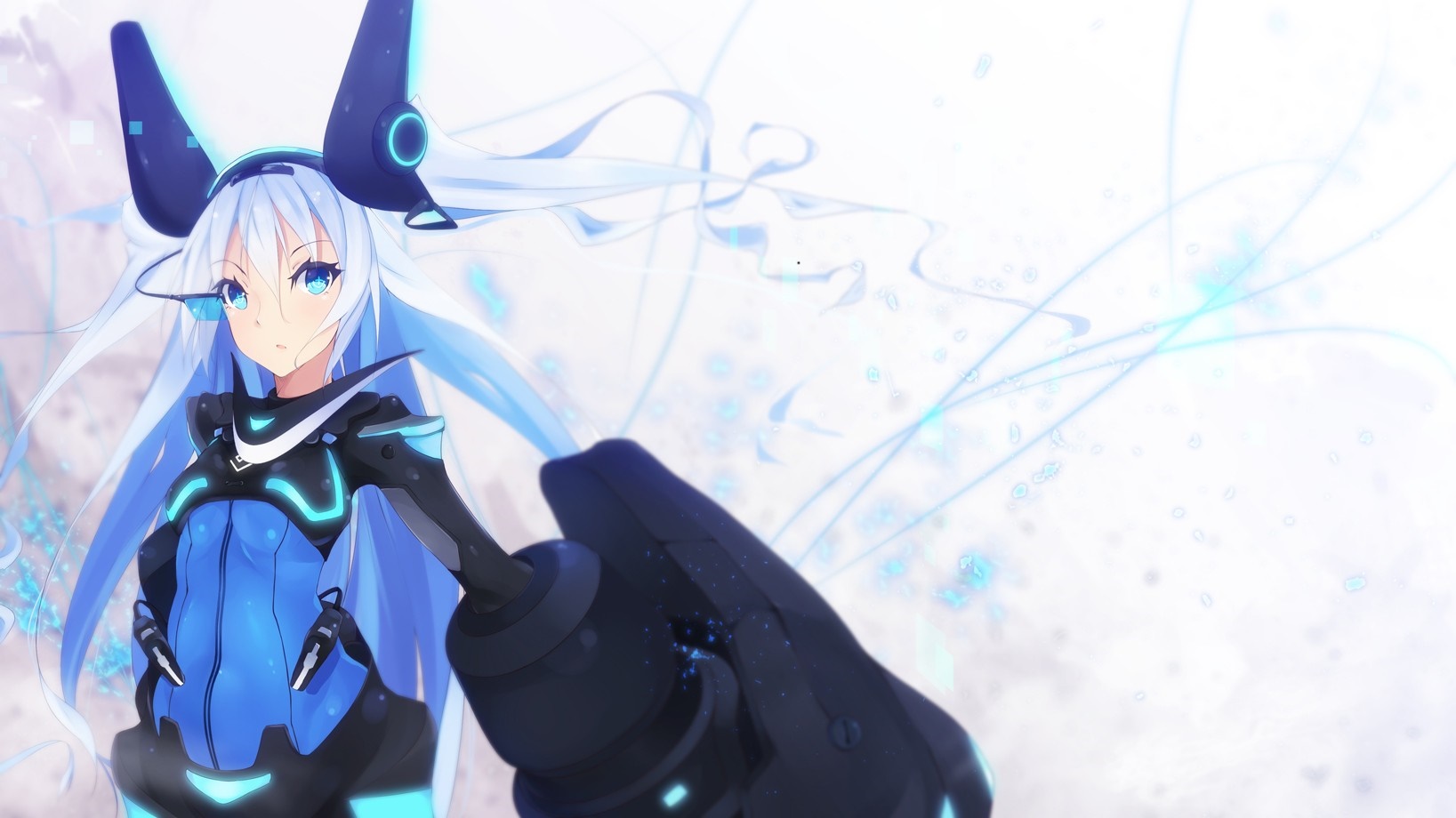 Anime girl with long blue hair and a large weapon HD Wallpaper