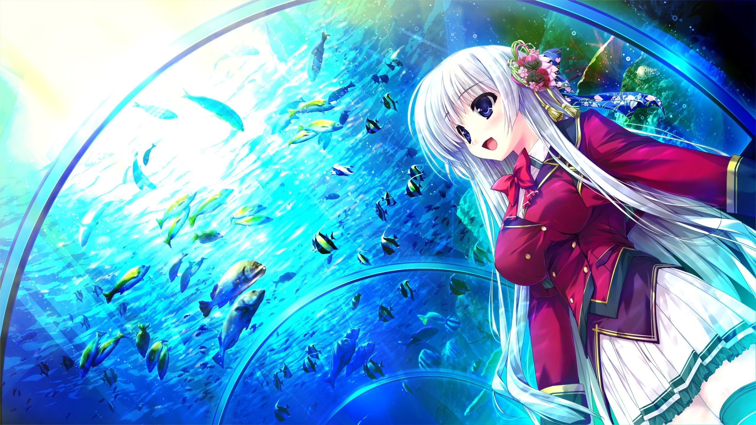 Anime girl in uniform at aquarium with fish HD Wallpaper