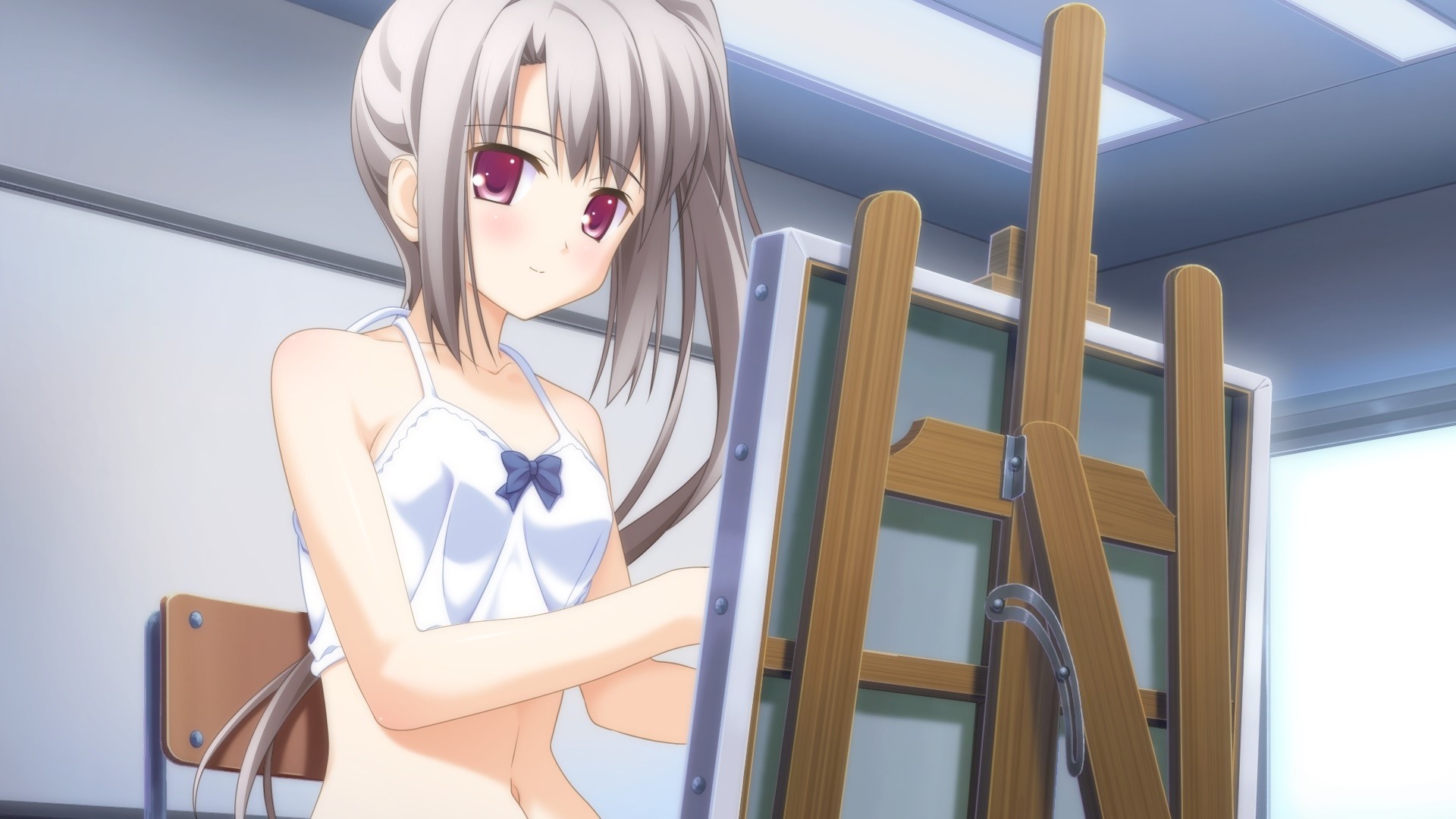 Anime girl with silver hair painting on an easel HD Wallpaper
